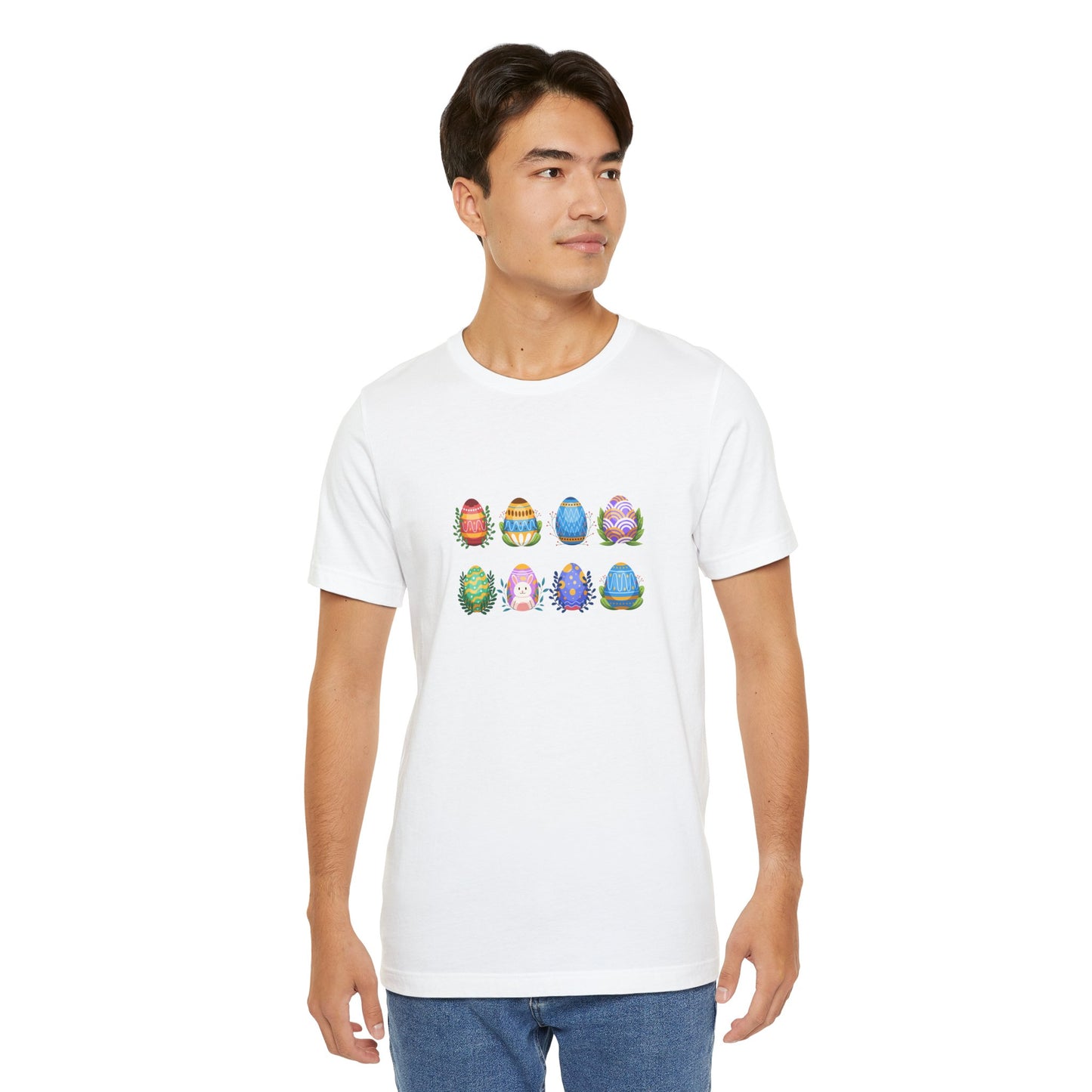 Egg-citing Wreaths Colorful Easter Egg Rows & Spring Leaves Unisex Jersey Short Sleeve Tee