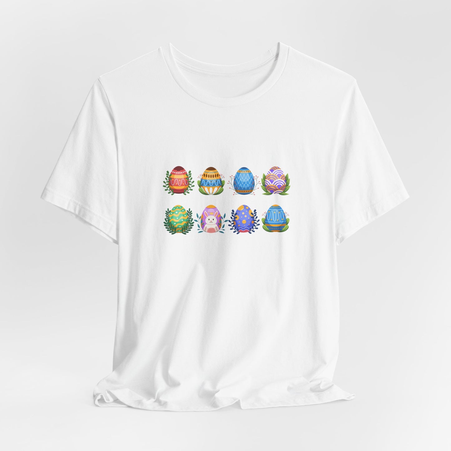 Egg-citing Wreaths Colorful Easter Egg Rows & Spring Leaves Unisex Jersey Short Sleeve Tee
