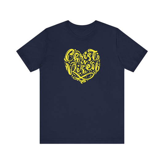 Unisex Jersey Short Sleeve Tee Easter 'Christ is Risen' Heart Shaped Yellow Print