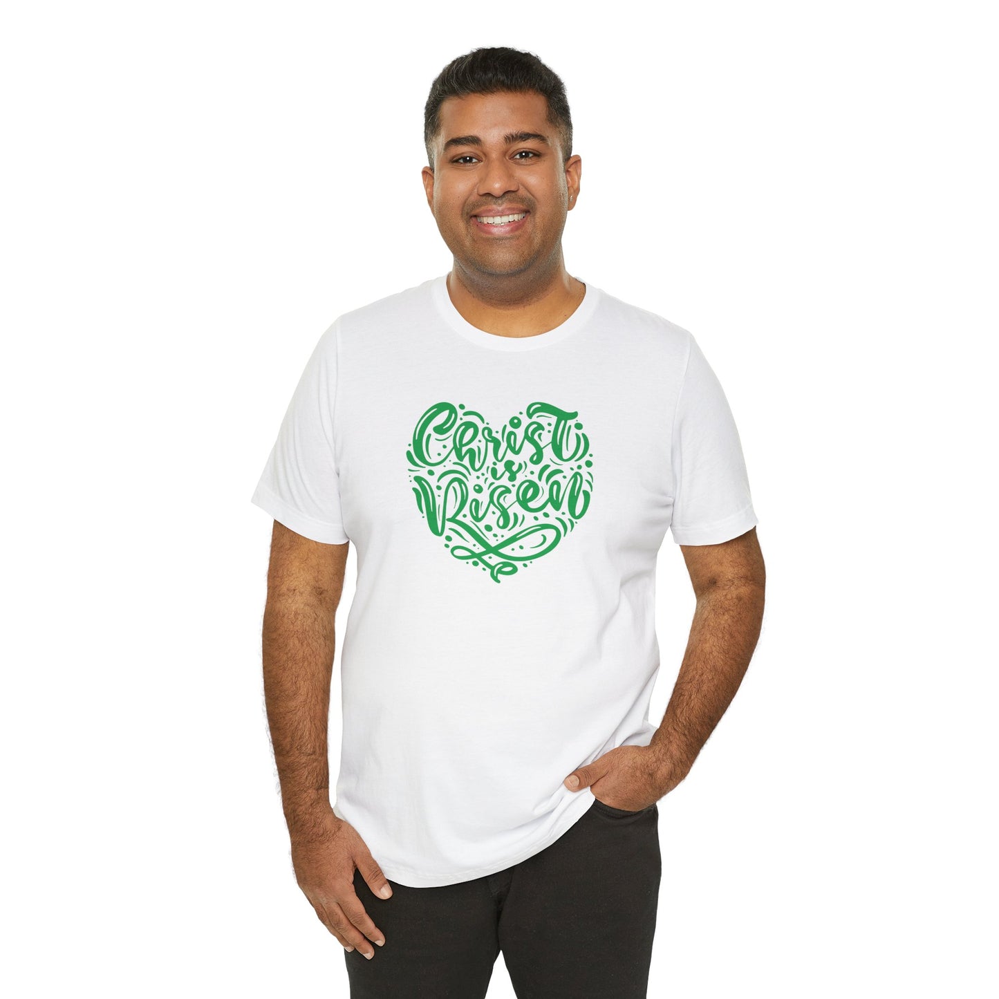 Christ is Risen Heart Shaped Green Print Unisex Jersey Short Sleeve Tee