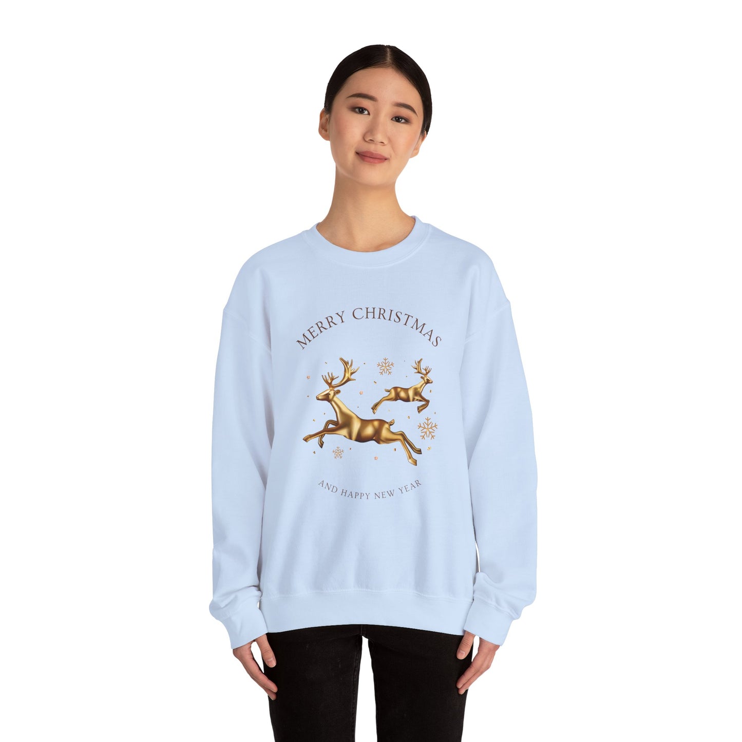 Unisex Heavy Blend Crewneck Sweatshirt Leaping Gold Reindeer 🎄✨ Merry Christmas & Happy New Year