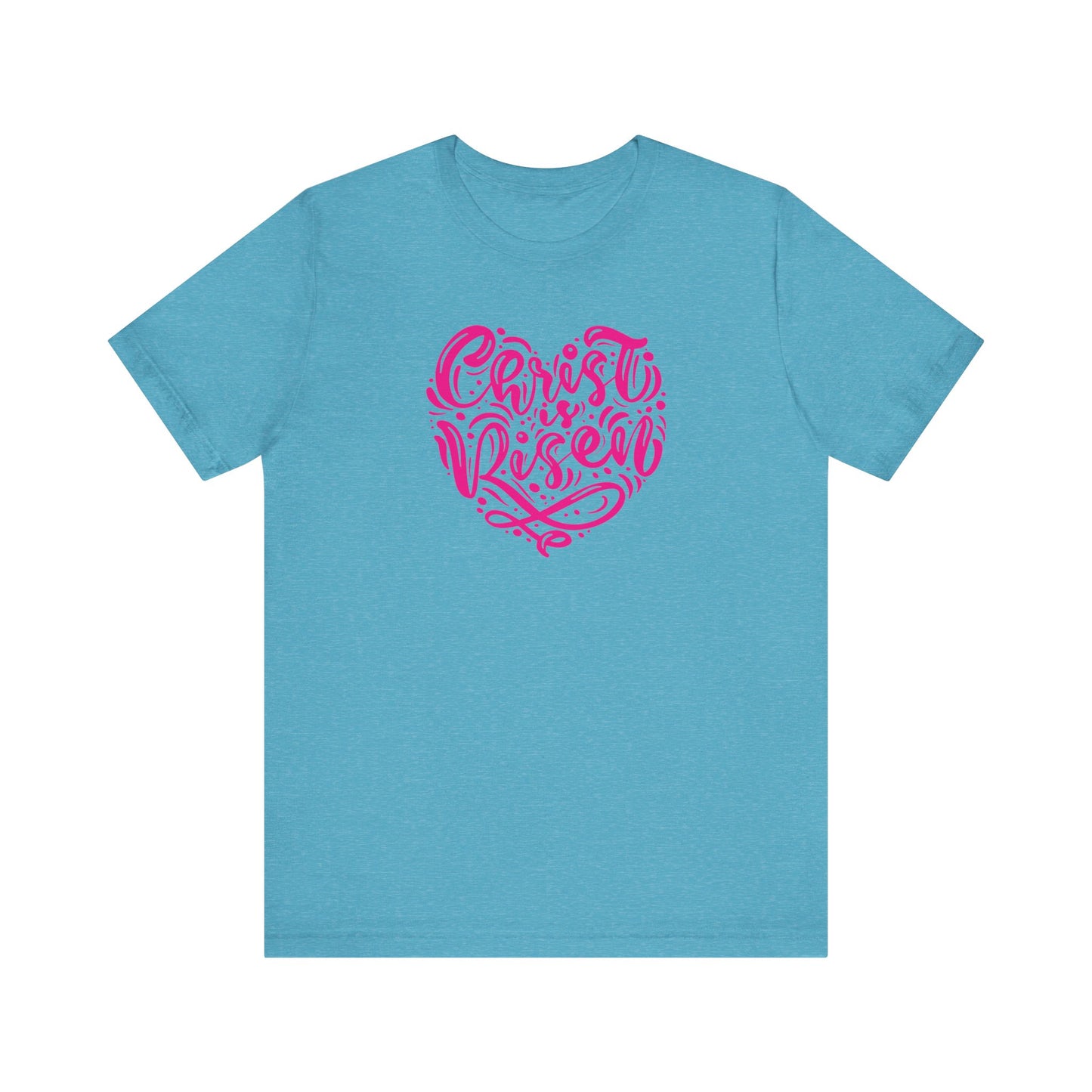 Unisex Jersey Short Sleeve Tee Easter 'Christ is Risen' Heart Shaped Pink Print