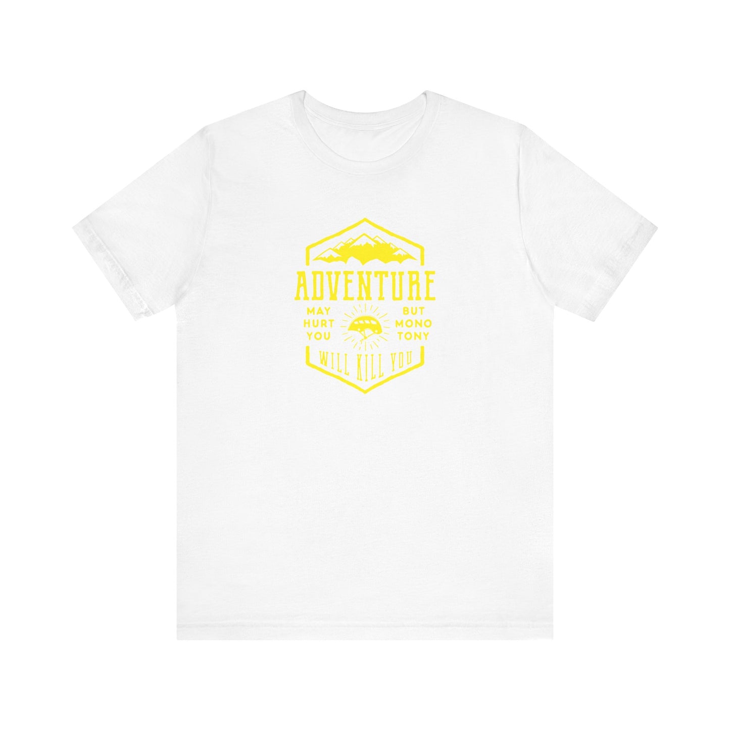 Unisex Jersey Short Sleeve Tee "Adventure" Yellow Print