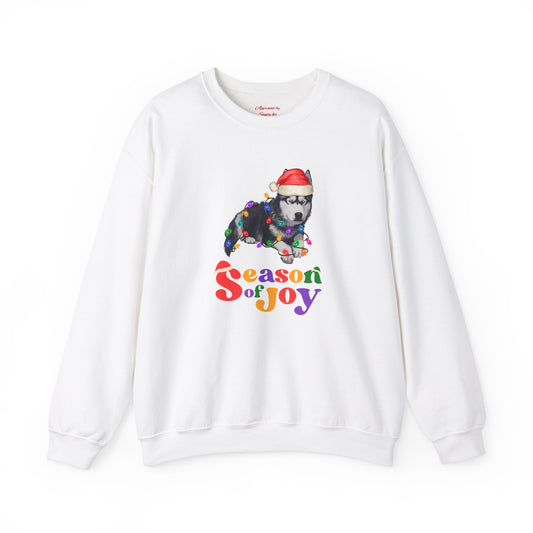 Unisex Heavy Blend Crewneck Sweatshirt Season of Joy with Husky Puppy 🎄🐾🎅