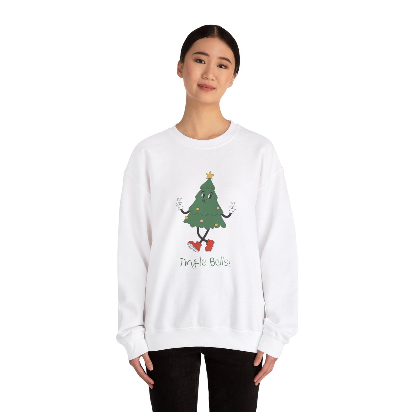 Unisex Heavy Blend Crewneck Sweatshirt Jingle Bells with Cartoon Christmas Tree 🎄✌️🎶