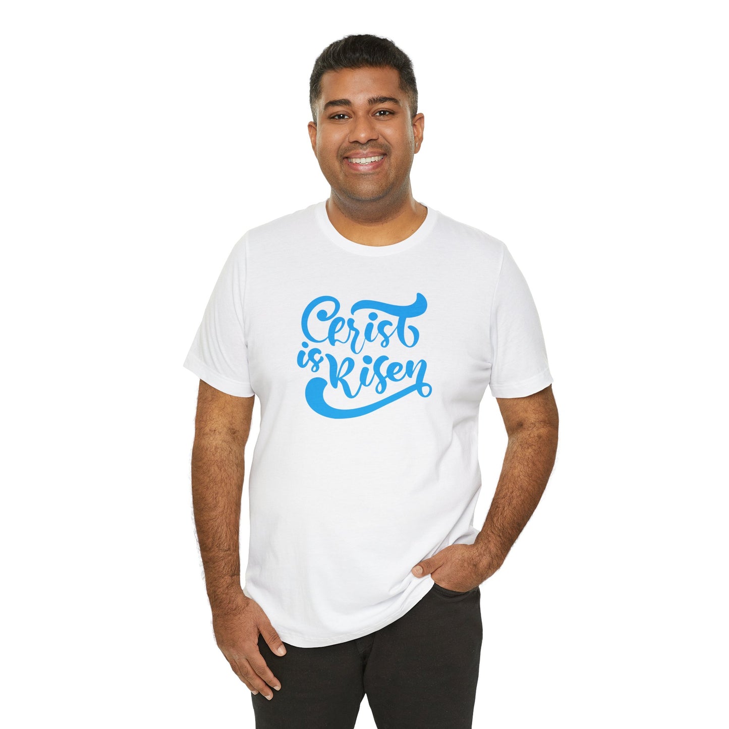 Christ is Risen Blue Print Unisex Jersey Short Sleeve Tee