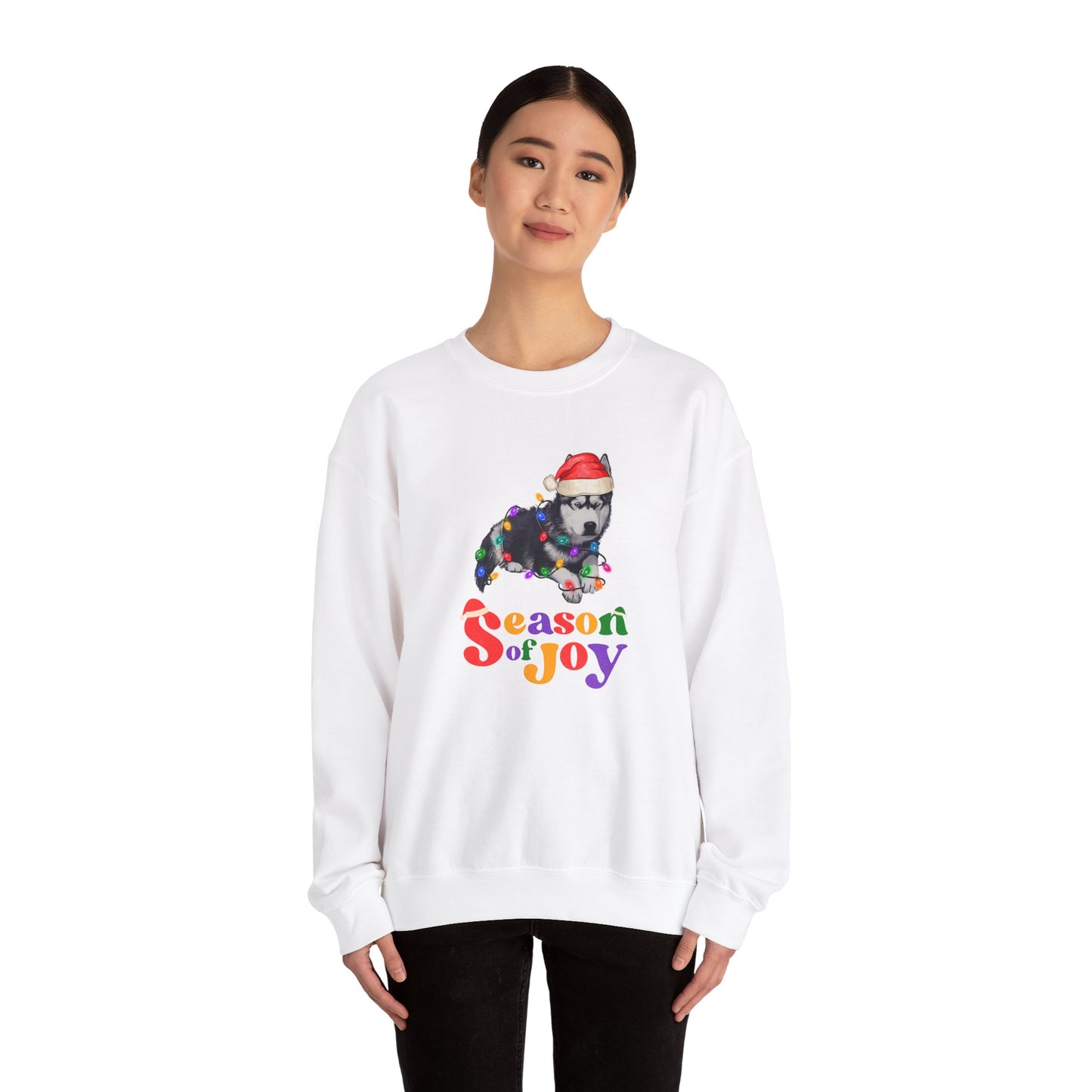 Unisex Heavy Blend Crewneck Sweatshirt Season of Joy with Husky Puppy 🎄🐾🎅