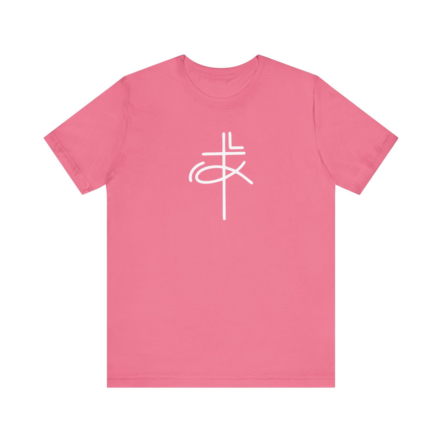 Crucifix Ichthys Jesus Fish White Print Unisex Jersey Short Sleeve Tee