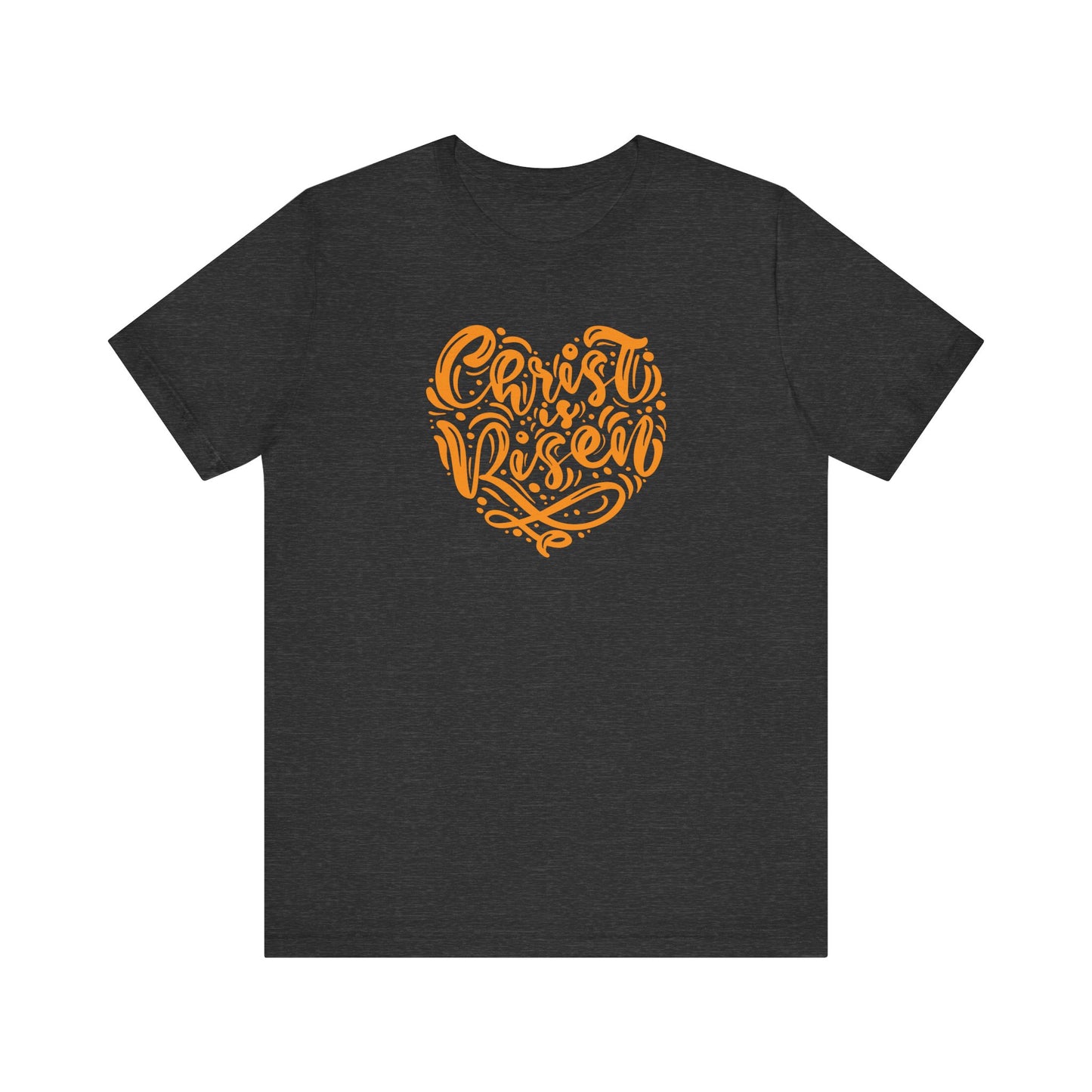 Unisex Jersey Short Sleeve Tee Easter 'Christ is Risen' Heart Shaped Orange Print