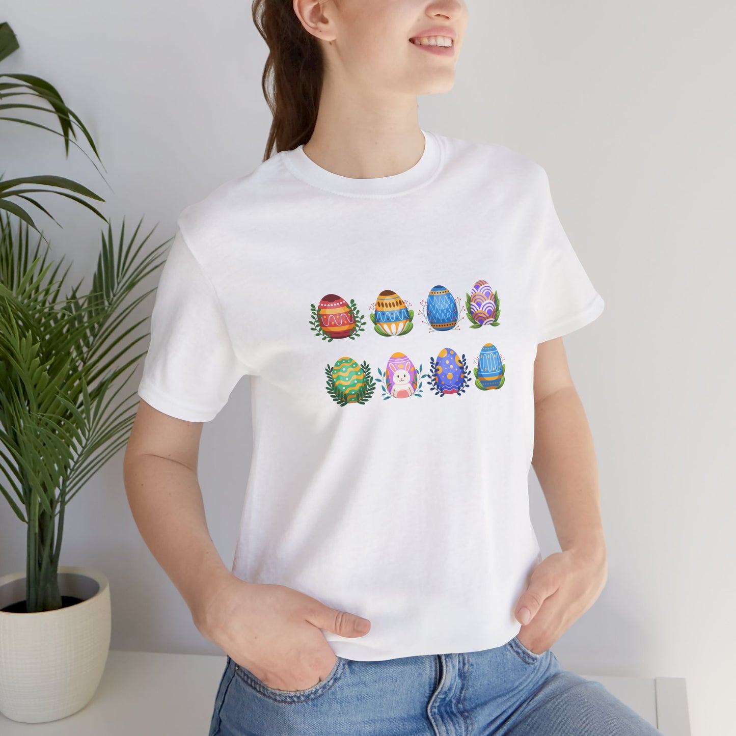 Egg-citing Wreaths Colorful Easter Egg Rows & Spring Leaves Unisex Jersey Short Sleeve Tee