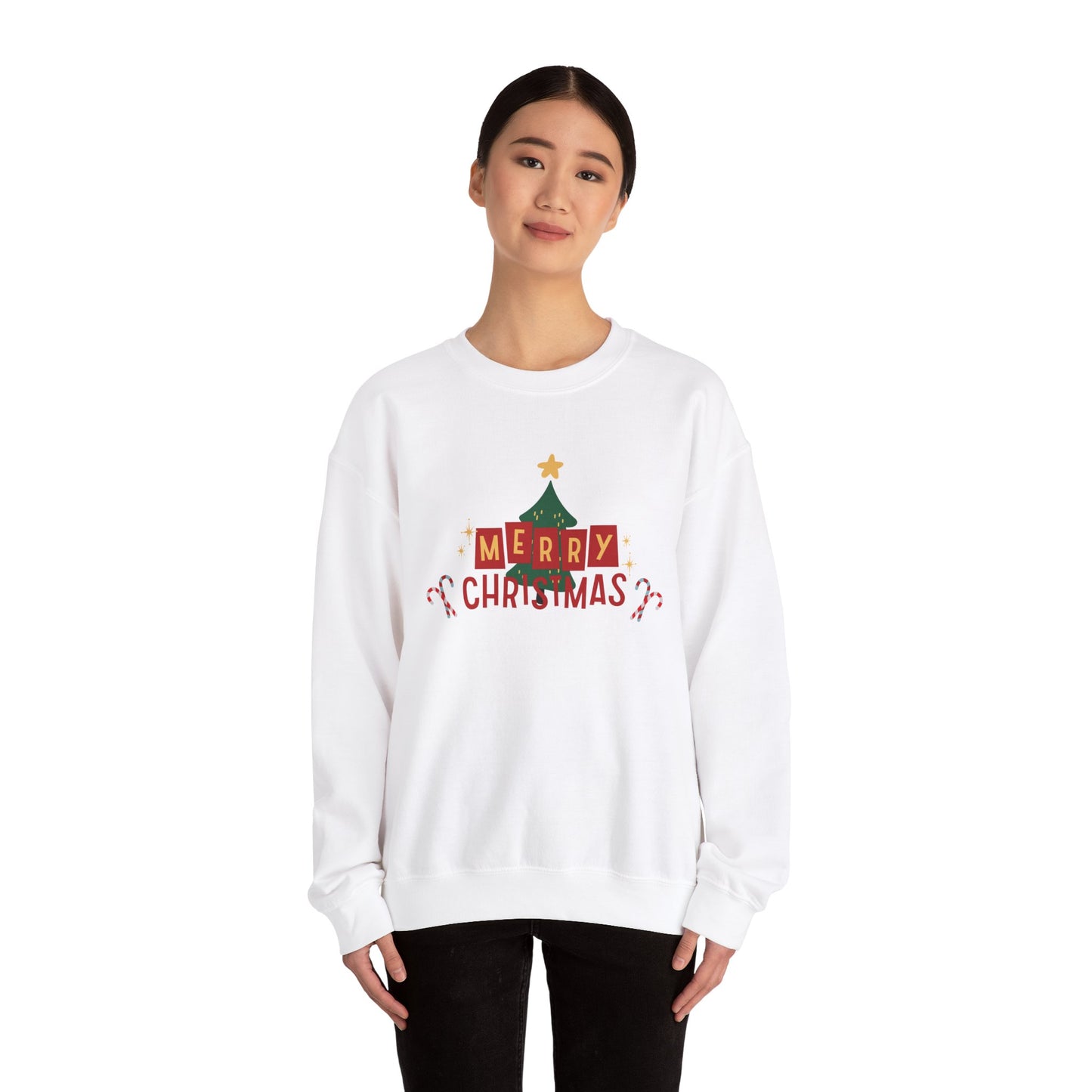 Unisex Heavy Blend Crewneck Sweatshirt Merry Christmas with Tree and Candy Canes 🎄🍭✨