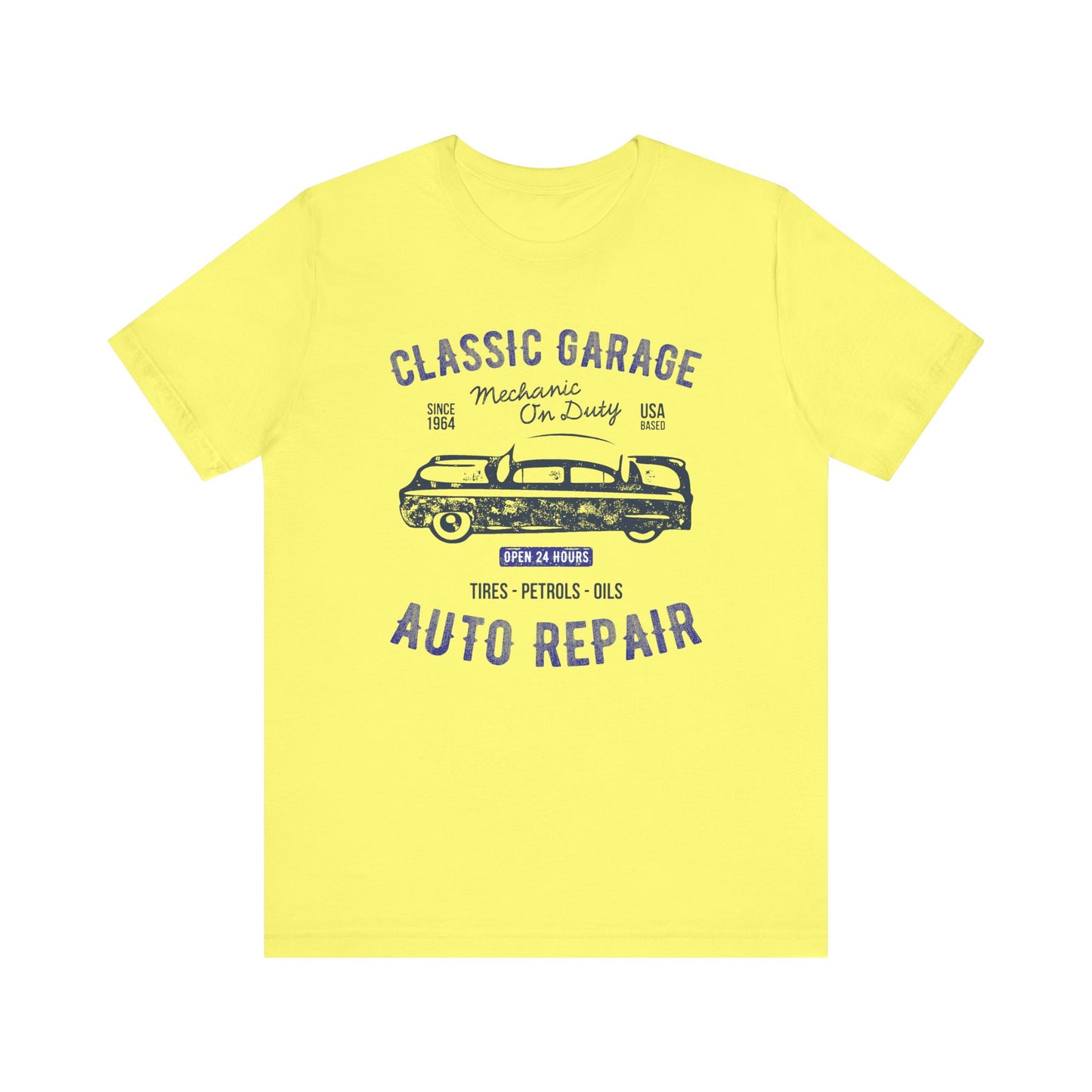 Unisex Jersey Short Sleeve Tee Classic Garage Auto Repair Navy Print