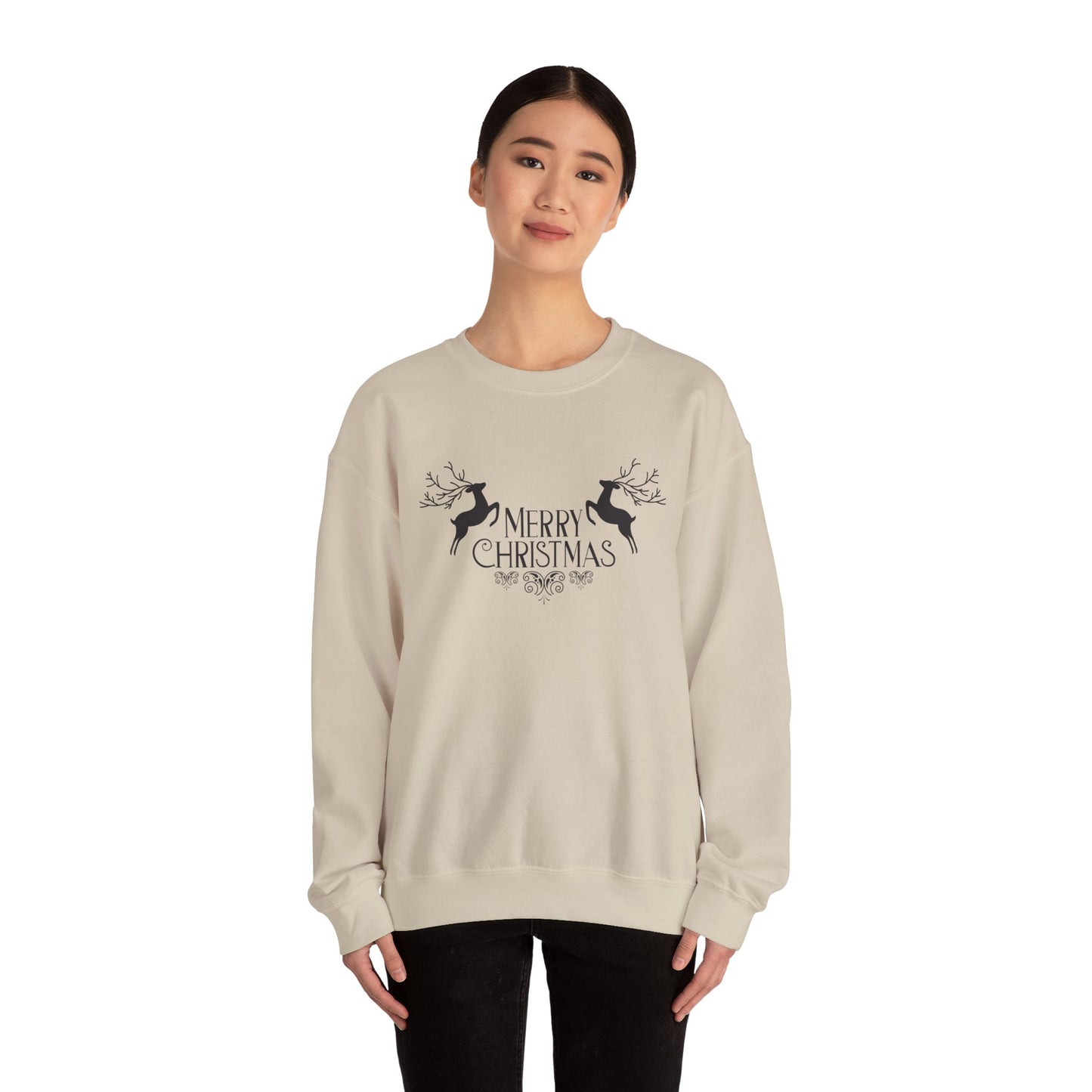 Unisex Heavy Blend Crewneck Sweatshirt Merry Christmas with Reindeer Motif 🎄🦌✨