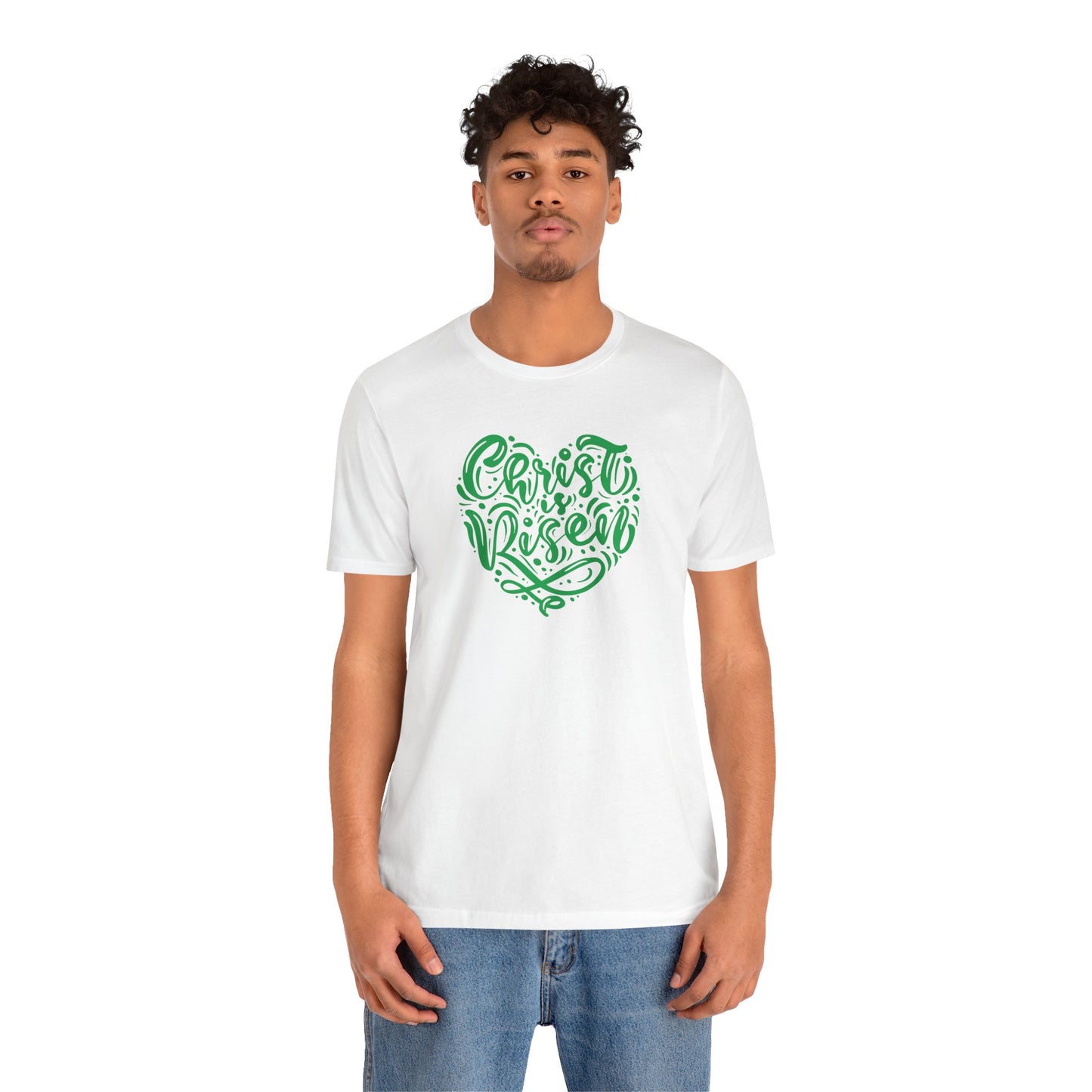 Christ is Risen Heart Shaped Green Print Unisex Jersey Short Sleeve Tee