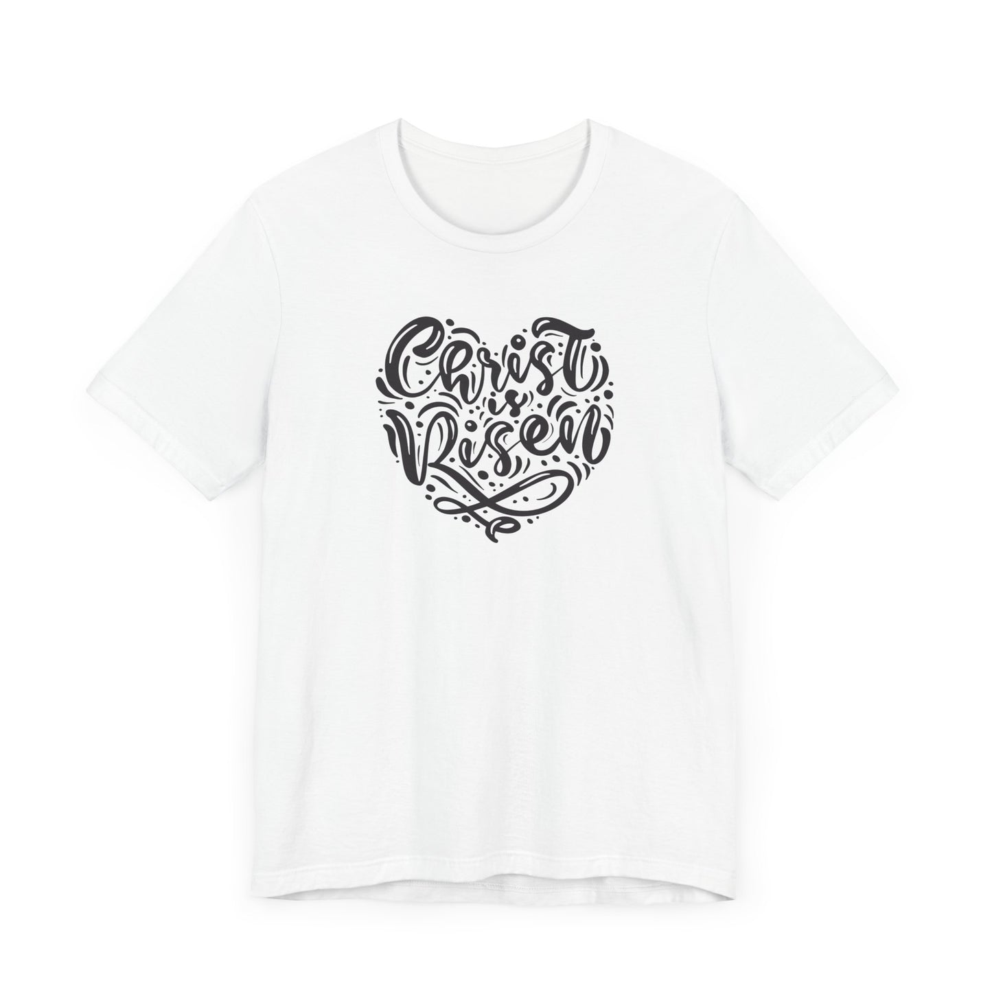 Unisex Jersey Short Sleeve Tee Easter 'Christ is Risen' Heart Shaped Black Print