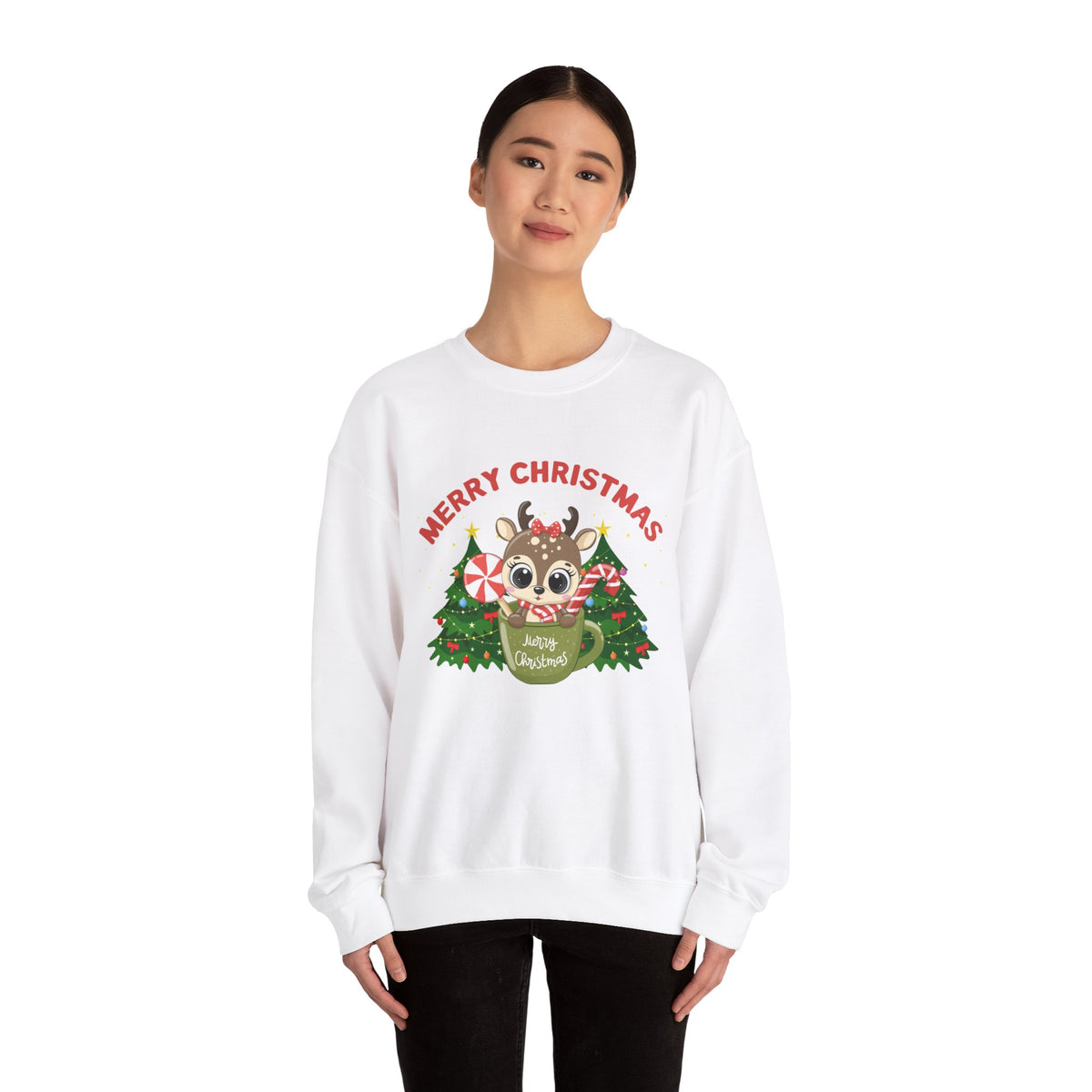 Unisex Heavy Blend Crewneck Sweatshirt Baby Deer in a Mug Merry Christmas 🎄☕🍭