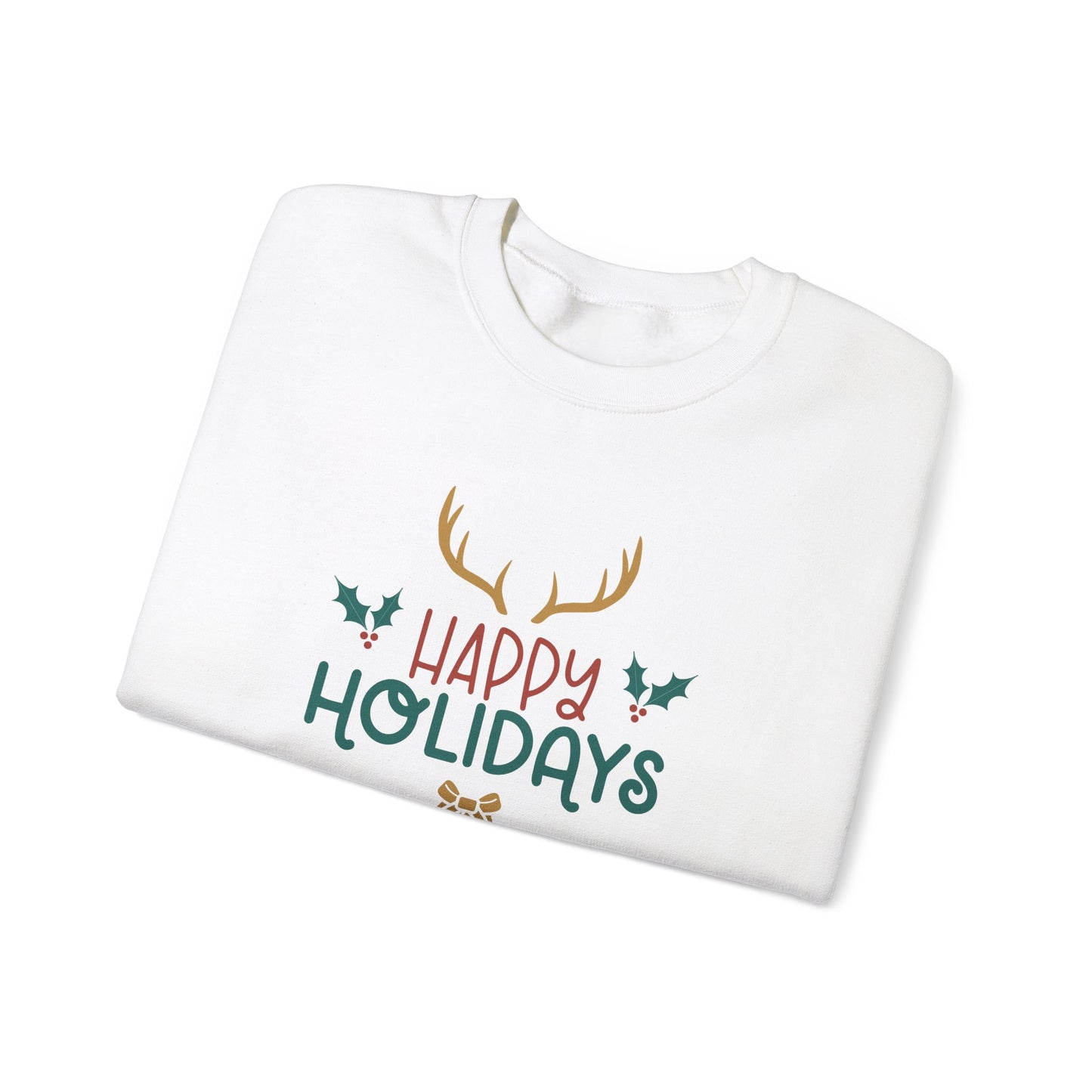 Unisex Heavy Blend Crewneck Sweatshirt Happy Holidays with Reindeer Antlers 🎄🔔✨