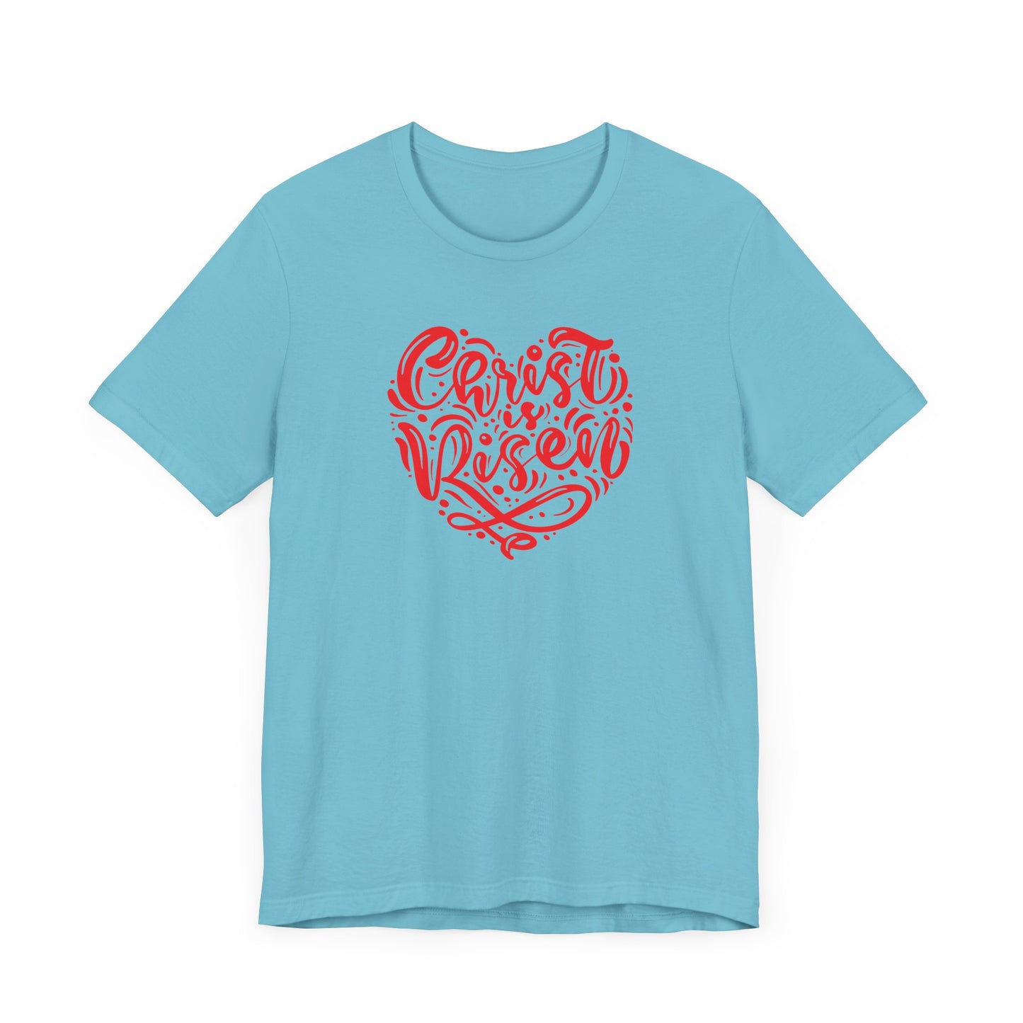 Unisex Jersey Short Sleeve Tee Easter 'Christ is Risen' Heart Shaped Red Print