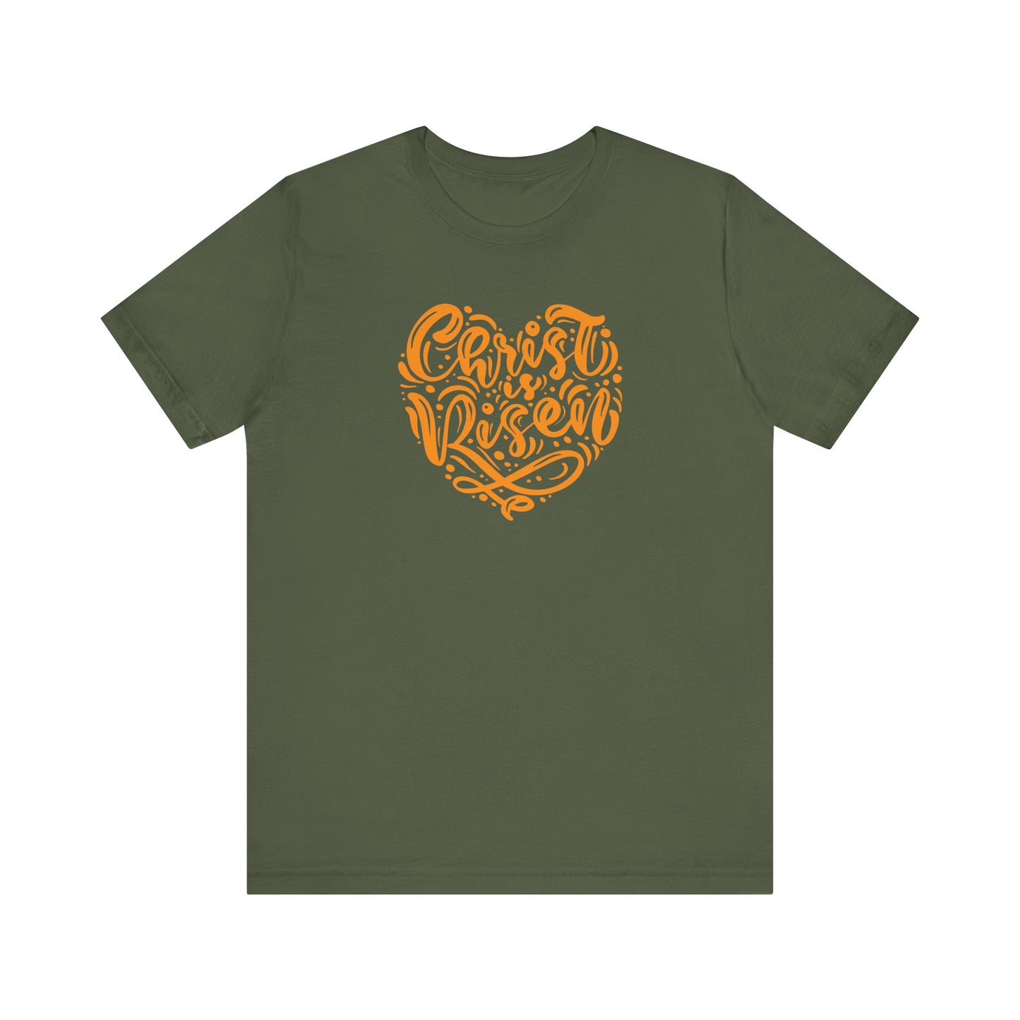 Unisex Jersey Short Sleeve Tee Easter 'Christ is Risen' Heart Shaped Orange Print