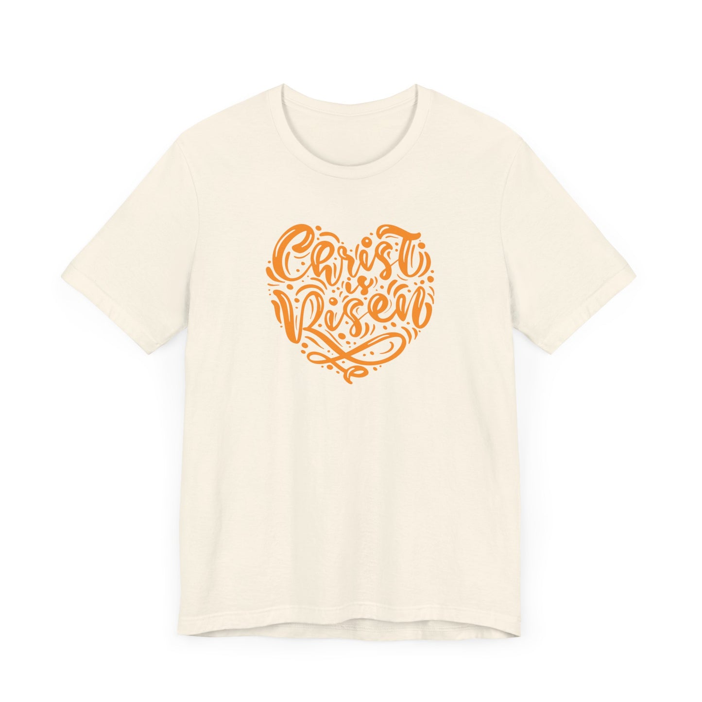 Unisex Jersey Short Sleeve Tee Easter 'Christ is Risen' Heart Shaped Orange Print