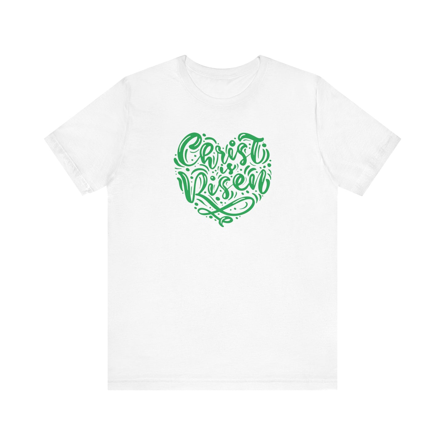 Unisex Jersey Short Sleeve Tee Easter 'Christ is Risen' Heart Shaped Green Print