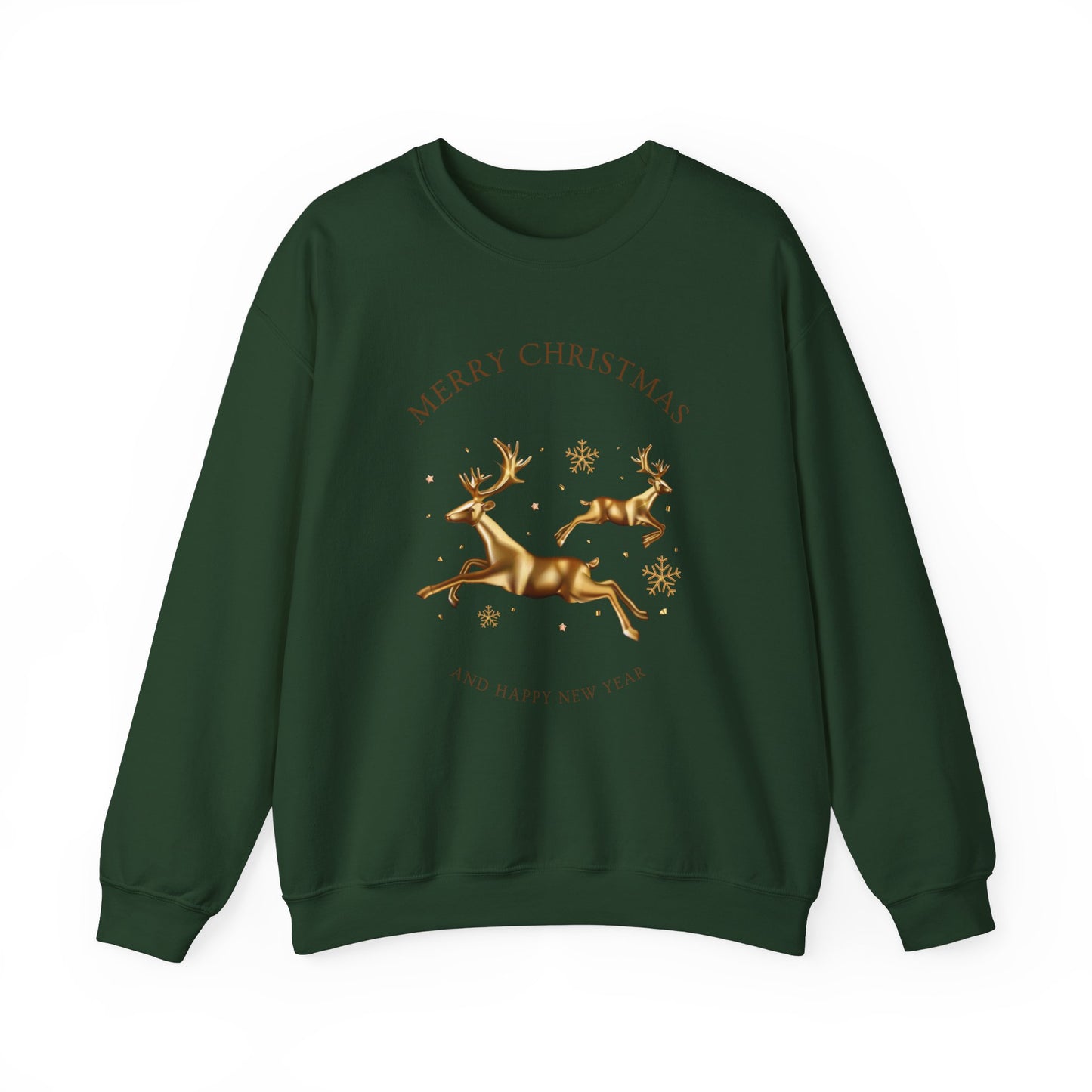 Unisex Heavy Blend Crewneck Sweatshirt Leaping Gold Reindeer 🎄✨ Merry Christmas & Happy New Year