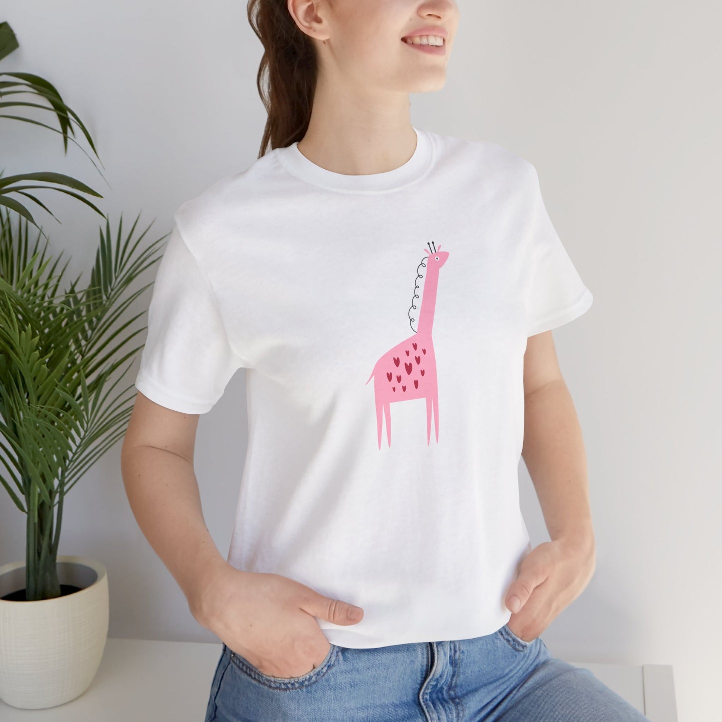 Adorable Pink Giraffe with Hearts Unisex Jersey Short Sleeve Tee