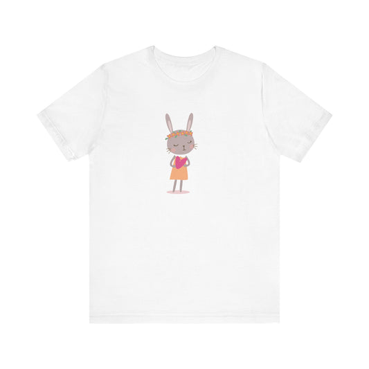 Unisex Jersey Short Sleeve Tee "Bunny Love" Whimsical Girl Rabbit with Spring Flowers