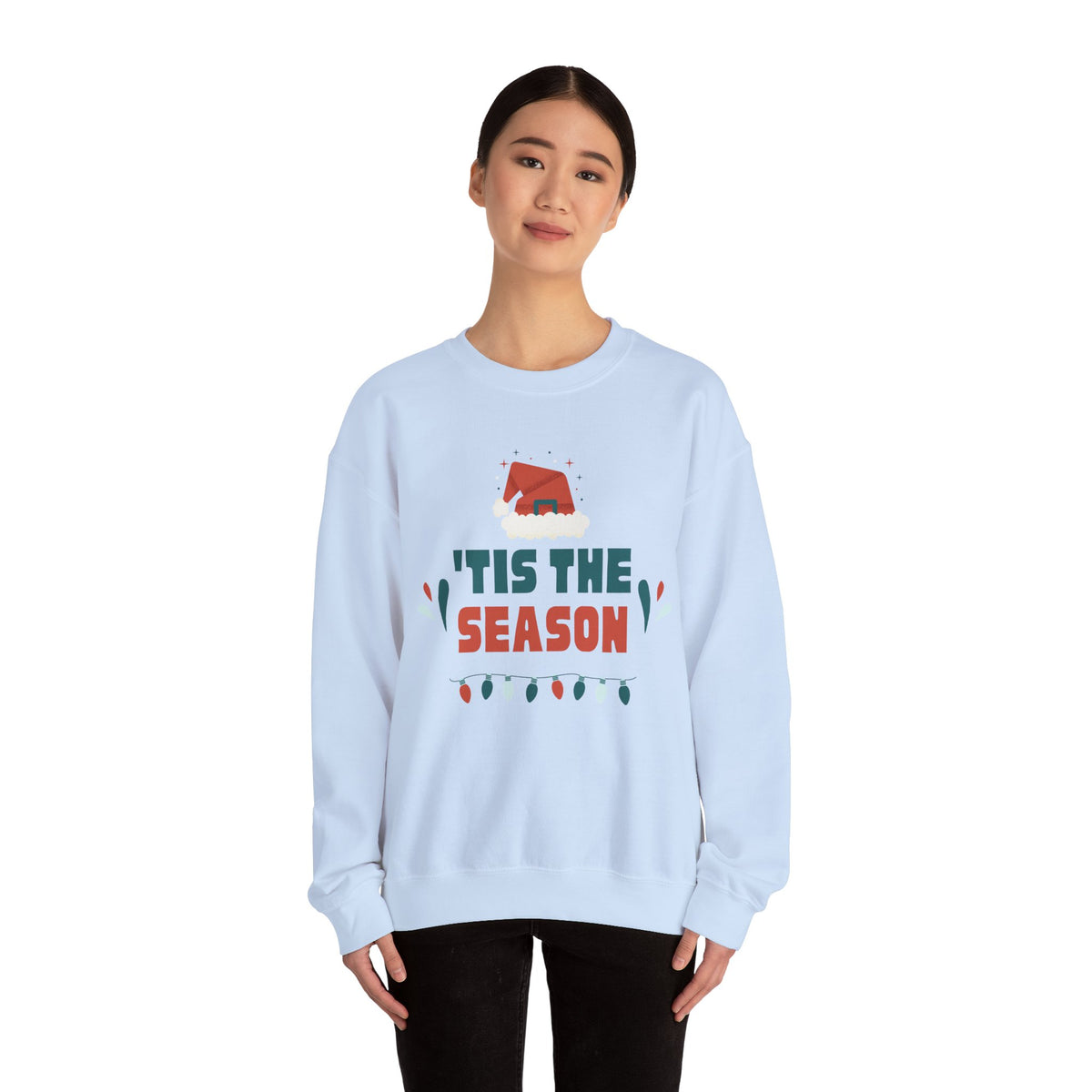 Unisex Heavy Blend Crewneck Sweatshirt 'Tis The Season To Be Jolly with Santa Hat & Lights 🎄✨