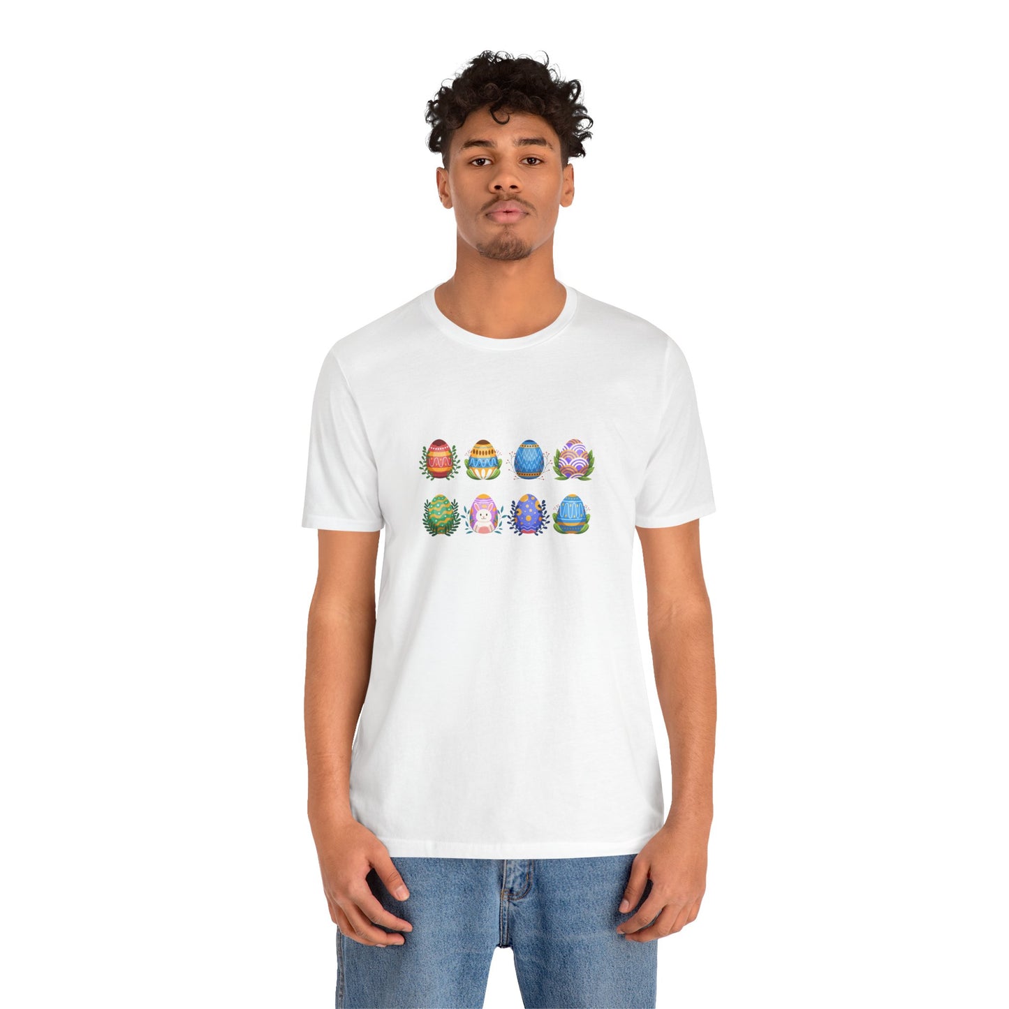 Egg-citing Wreaths Colorful Easter Egg Rows & Spring Leaves Unisex Jersey Short Sleeve Tee
