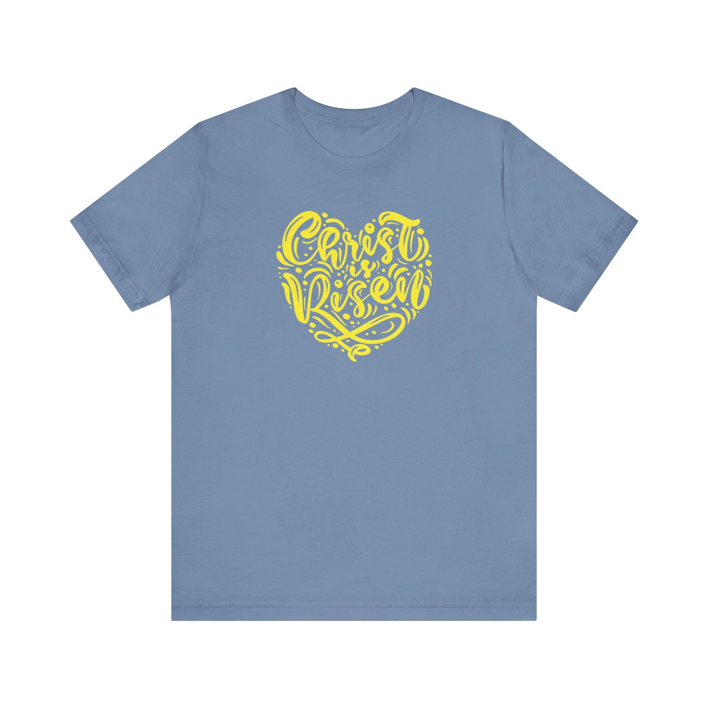 Unisex Jersey Short Sleeve Tee Easter 'Christ is Risen' Heart Shaped Yellow Print