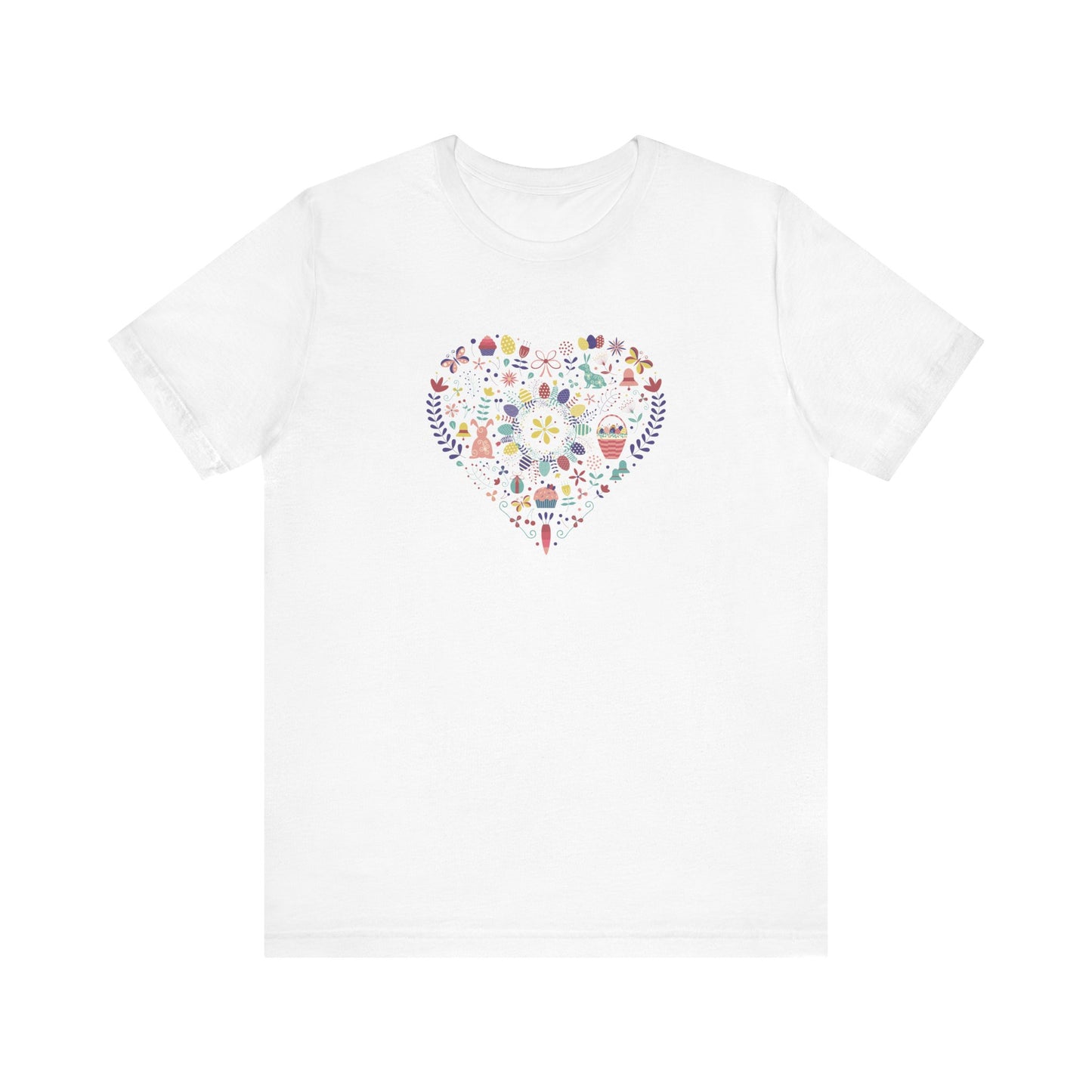 Unisex Jersey Short Sleeve Tee "Hoppy Heart" Colorful Easter Rabbit & Egg Collage