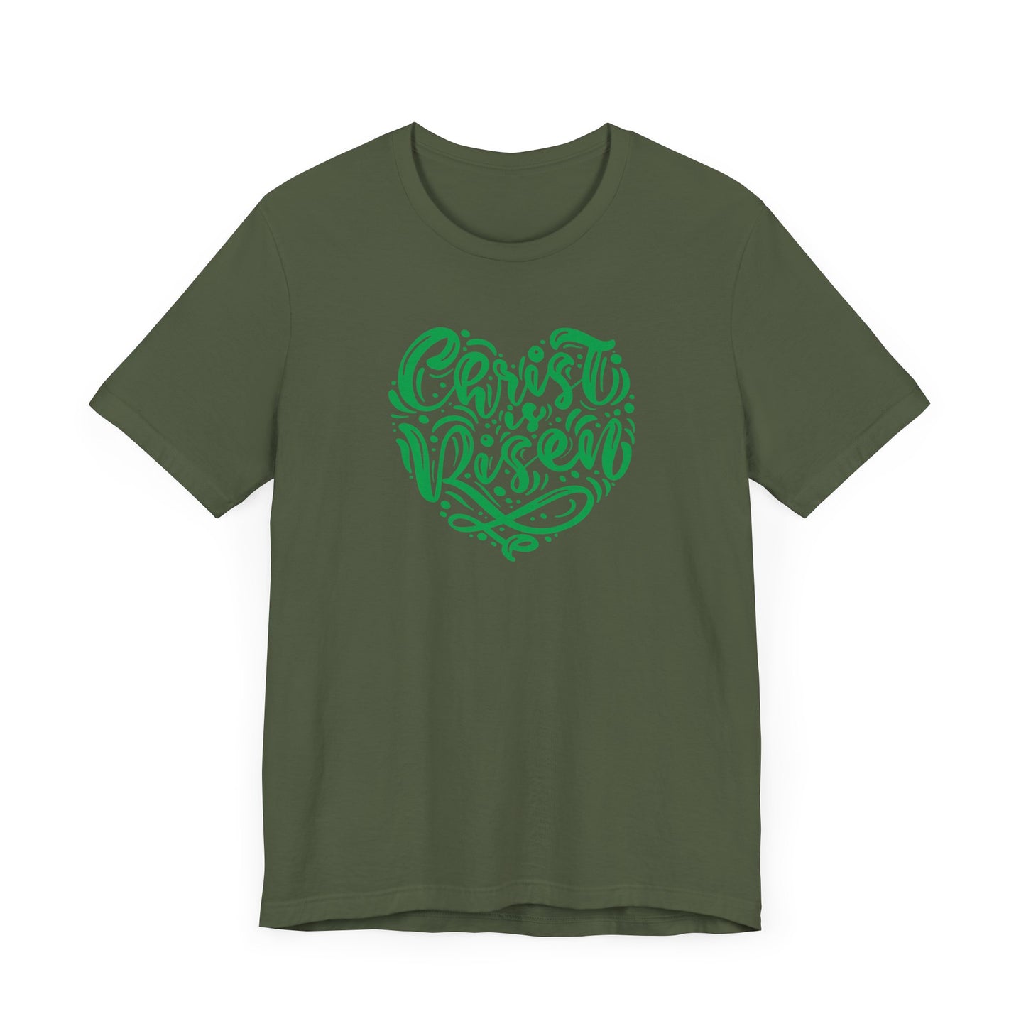 Unisex Jersey Short Sleeve Tee Easter 'Christ is Risen' Heart Shaped Green Print