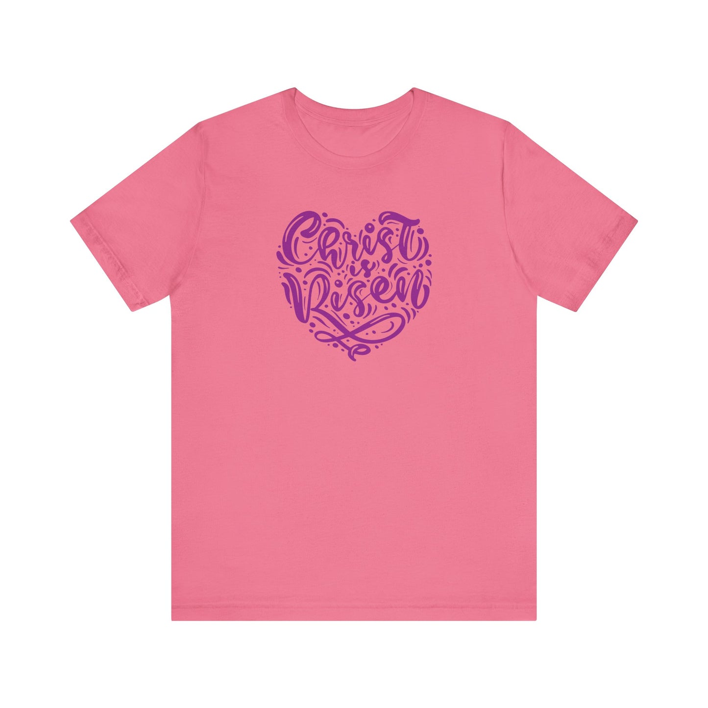 Unisex Jersey Short Sleeve Tee Easter 'Christ is Risen' Heart Shaped Purple Print