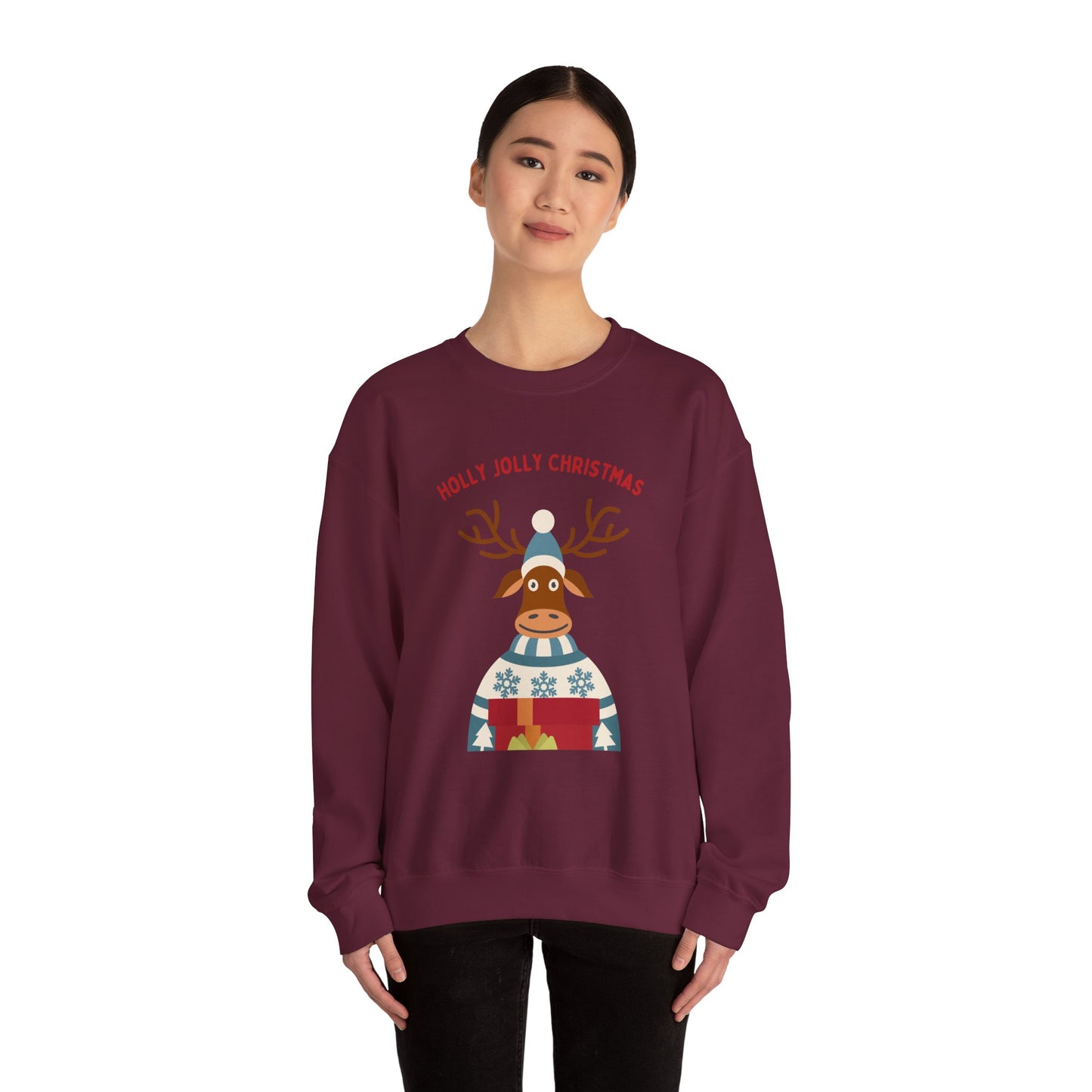 Unisex Heavy Blend Crewneck Sweatshirt Holly Jolly Christmas Reindeer 🎄🦌🎁