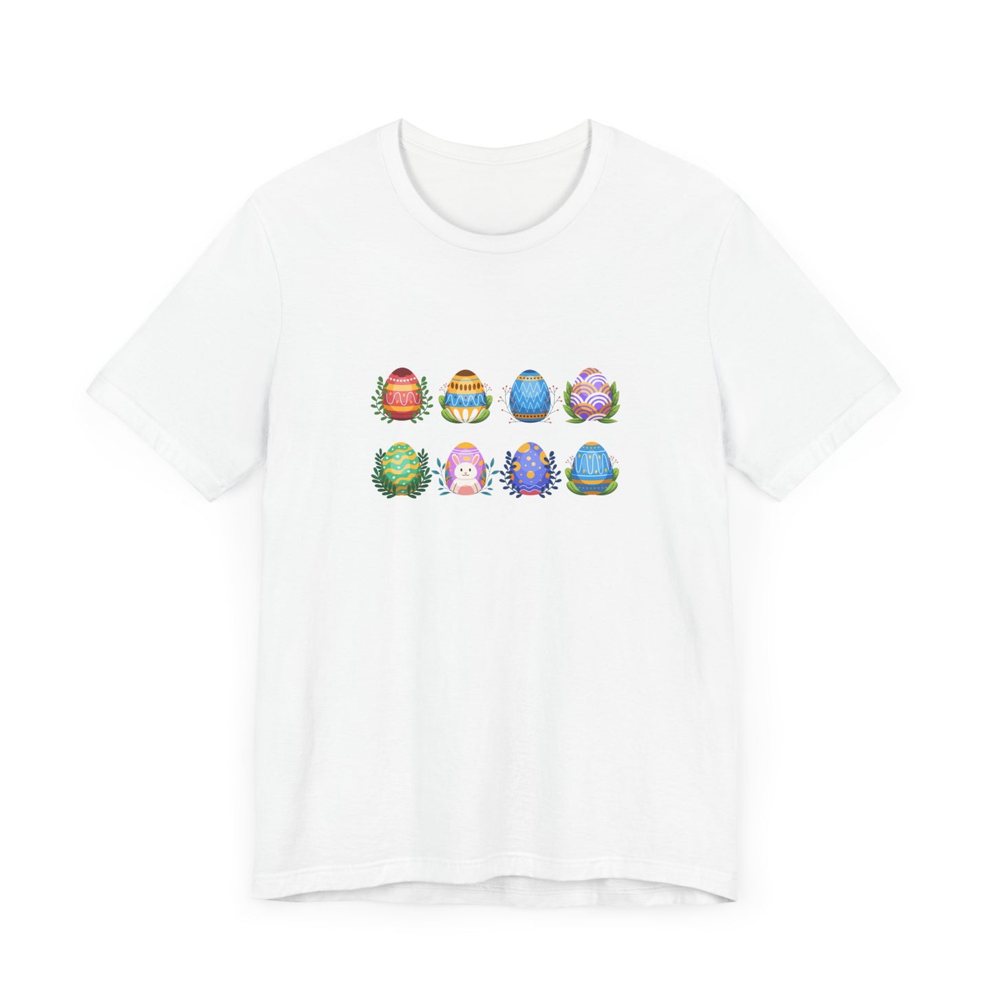 Egg-citing Wreaths Colorful Easter Egg Rows & Spring Leaves Unisex Jersey Short Sleeve Tee