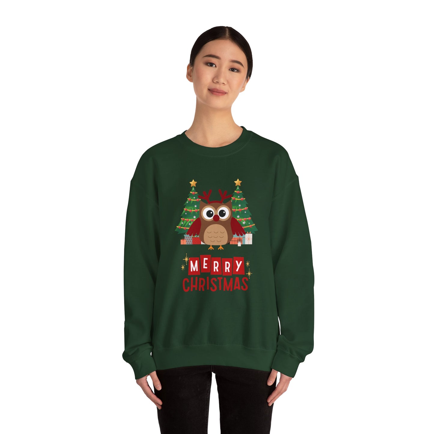 Unisex Heavy Blend Crewneck Sweatshirt Merry Christmas Owl with Antlers 🎄🦉✨