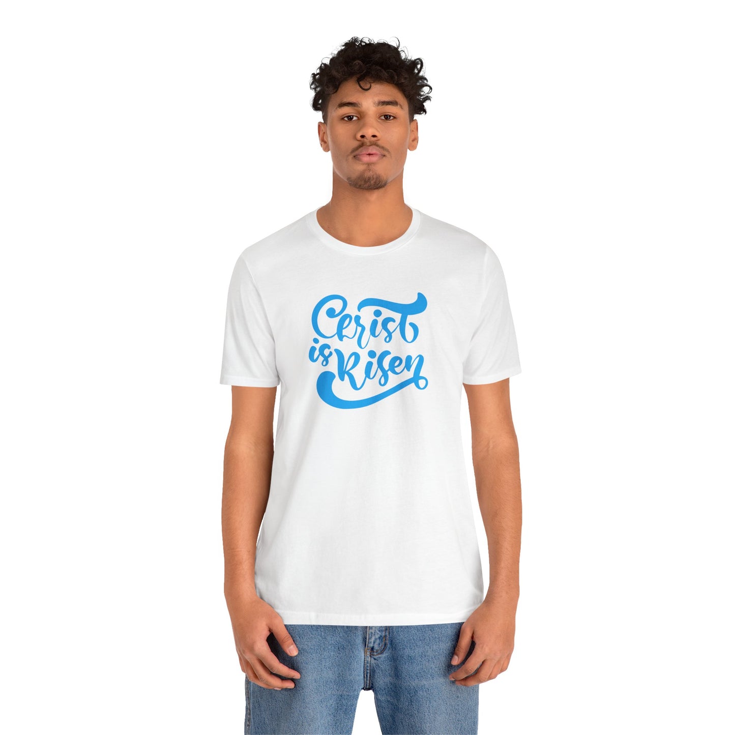 Christ is Risen Blue Print Unisex Jersey Short Sleeve Tee