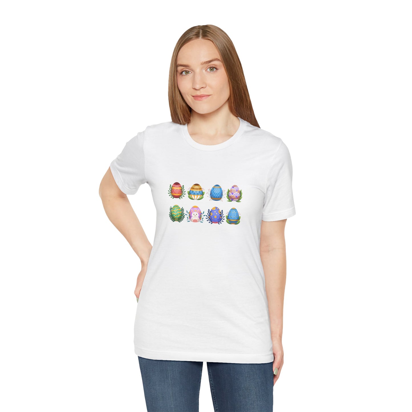 Egg-citing Wreaths Colorful Easter Egg Rows & Spring Leaves Unisex Jersey Short Sleeve Tee