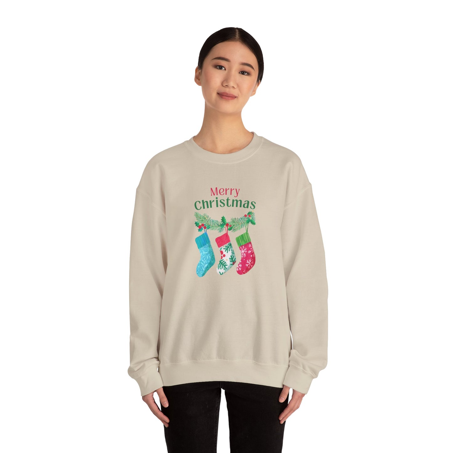 Unisex Heavy Blend Crewneck Sweatshirt Merry Christmas with Present Socks 🎄🎁✨