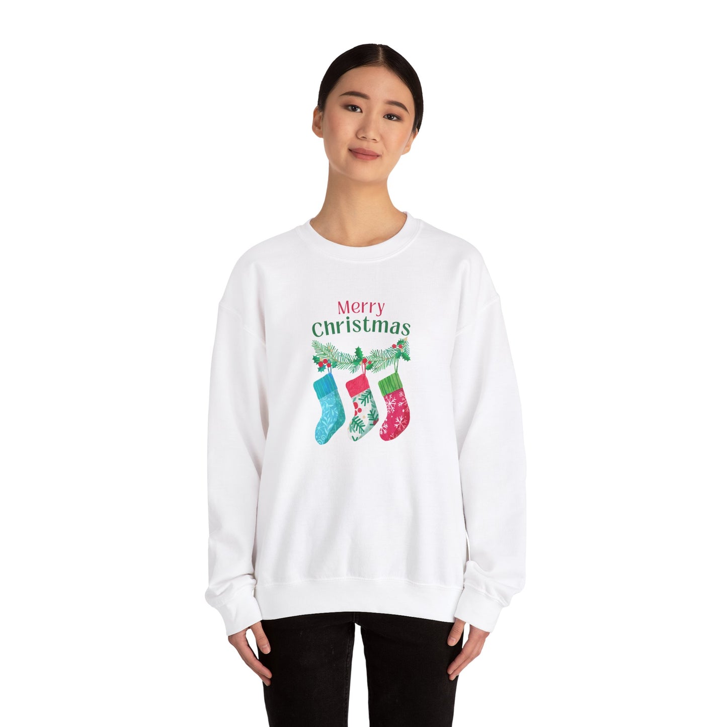 Unisex Heavy Blend Crewneck Sweatshirt Merry Christmas with Present Socks 🎄🎁✨