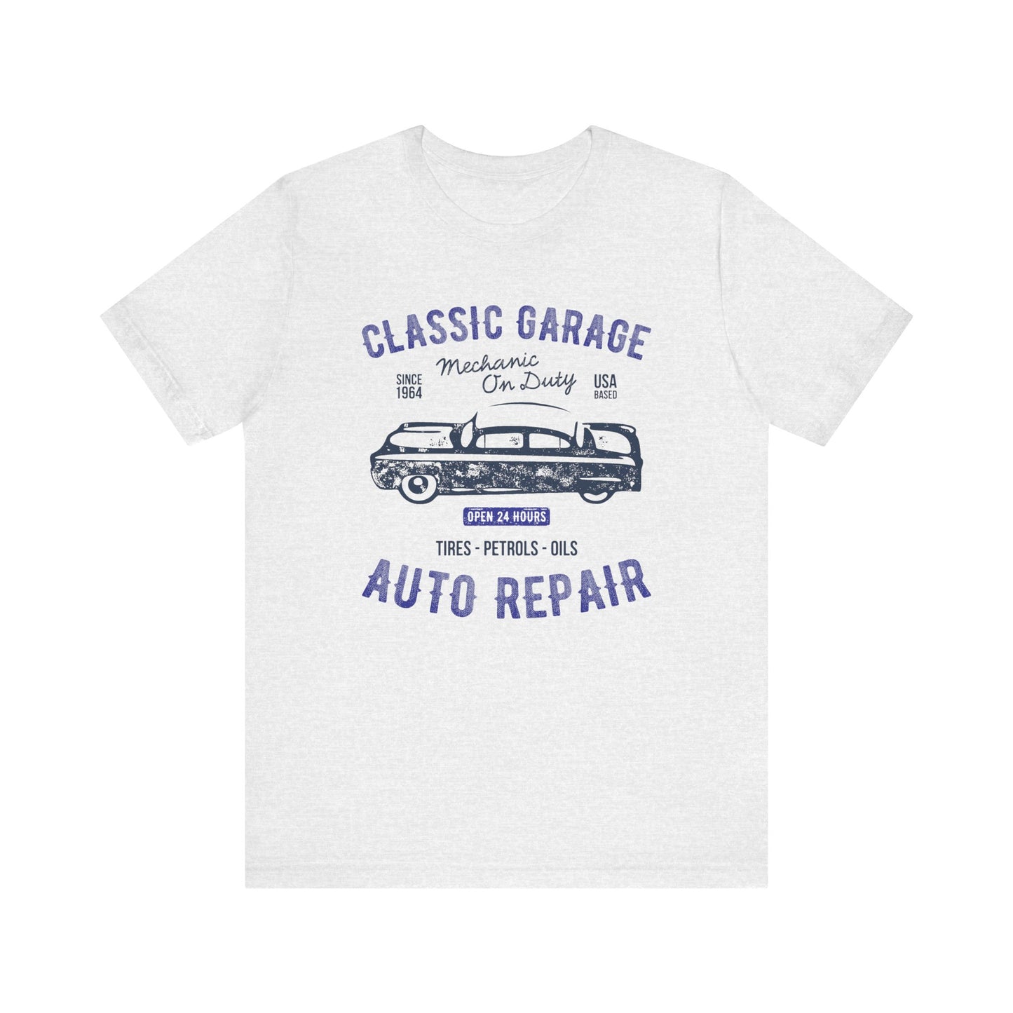 Unisex Jersey Short Sleeve Tee Classic Garage Auto Repair Navy Print