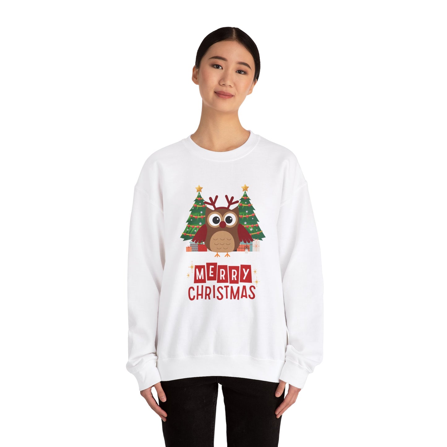 Unisex Heavy Blend Crewneck Sweatshirt Merry Christmas Owl with Antlers 🎄🦉✨