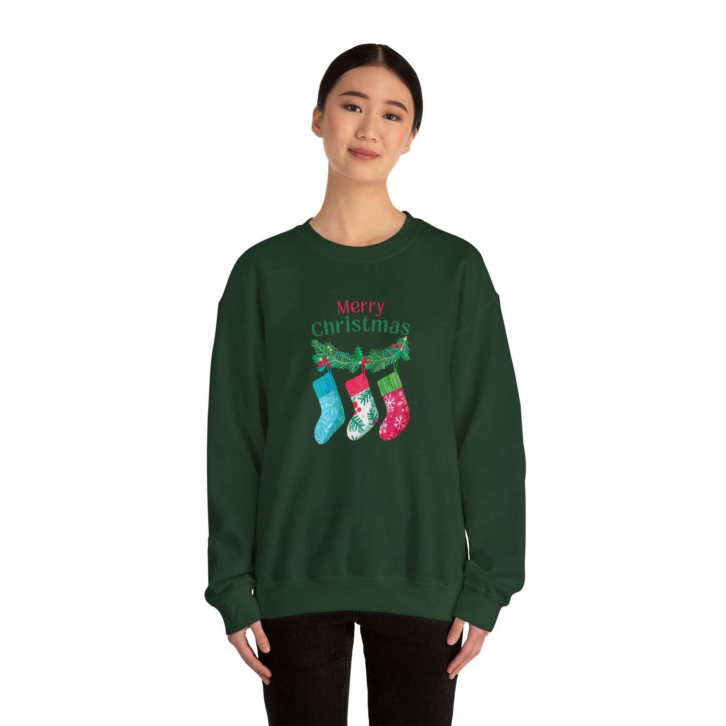 Unisex Heavy Blend Crewneck Sweatshirt Merry Christmas with Present Socks 🎄🎁✨