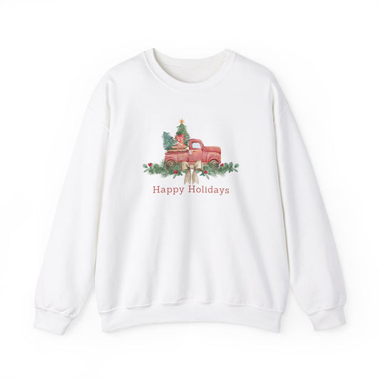 Unisex Heavy Blend Crewneck Sweatshirt Happy Holidays with Red Truck 🎄✨