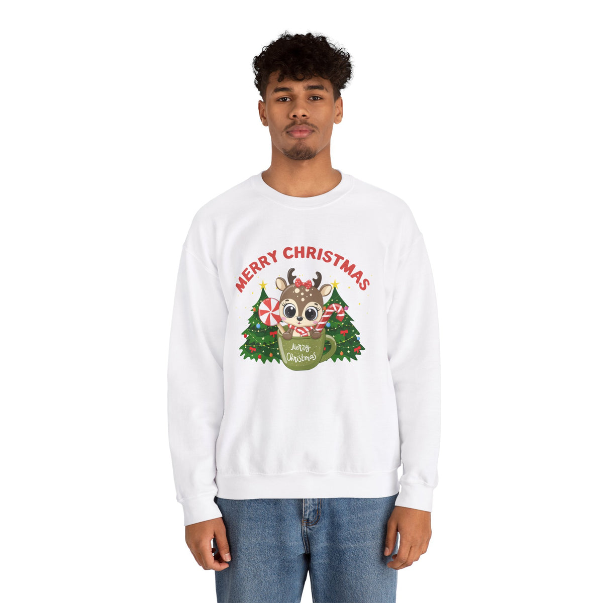 Unisex Heavy Blend Crewneck Sweatshirt Baby Deer in a Mug Merry Christmas 🎄☕🍭