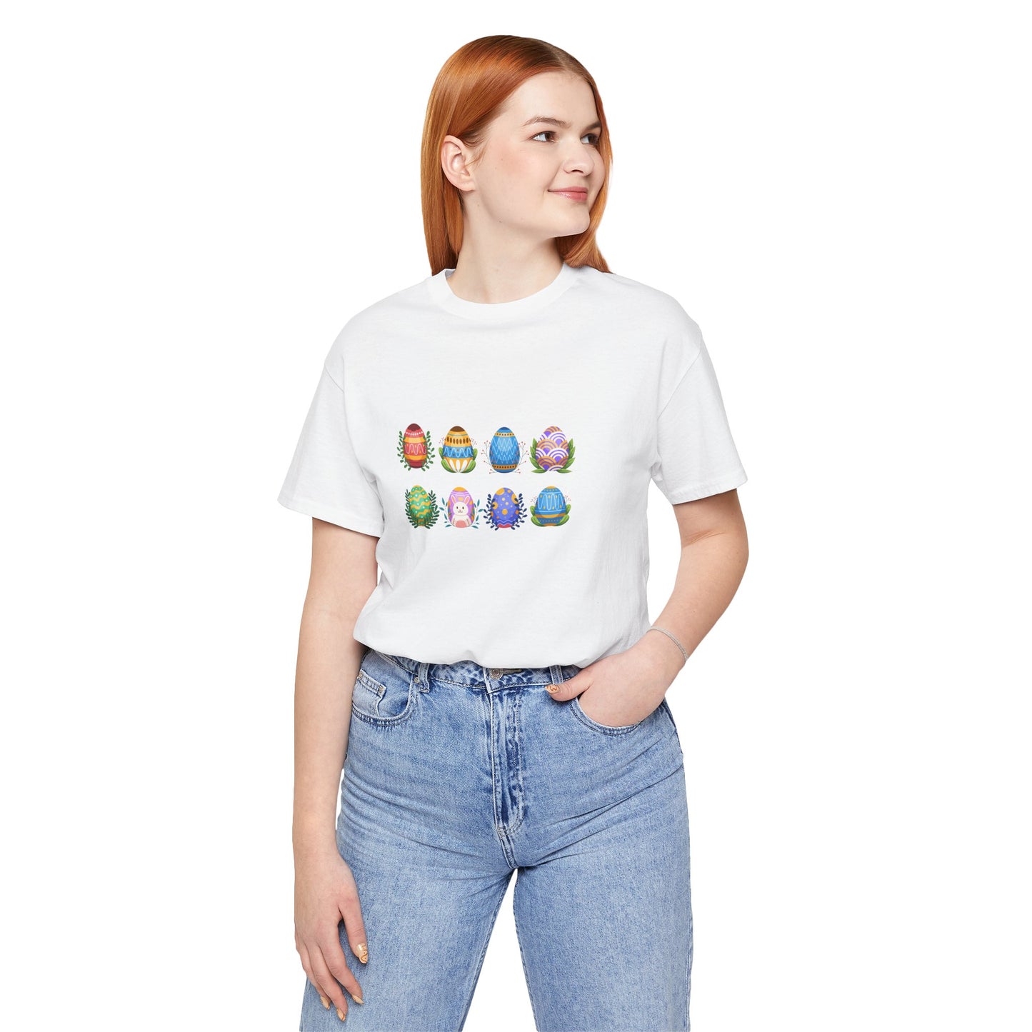 Egg-citing Wreaths Colorful Easter Egg Rows & Spring Leaves Unisex Jersey Short Sleeve Tee