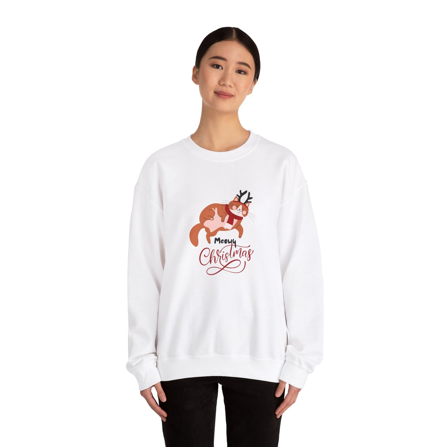 Unisex Heavy Blend Crewneck Sweatshirt Meowy Christmas with Reindeer Cat 🎄🐱🦌