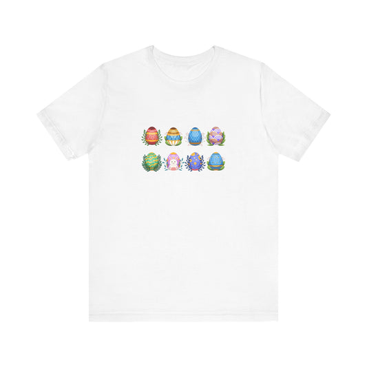 Unisex Jersey Short Sleeve Tee "Egg-citing Wreaths" Colorful Easter Egg Rows & Spring Leaves