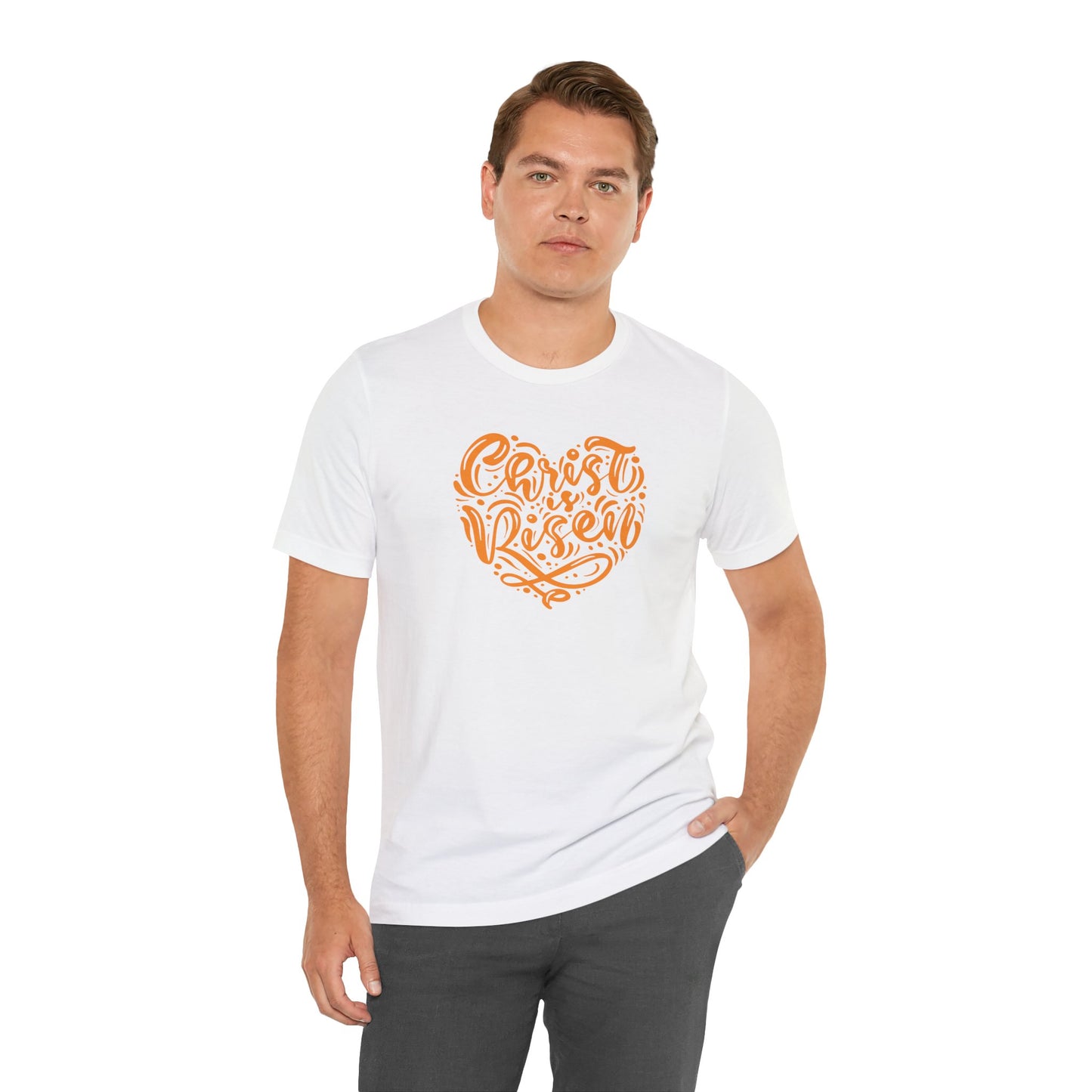 Christ is Risen Heart Shaped Orange Print Unisex Jersey Short Sleeve Tee